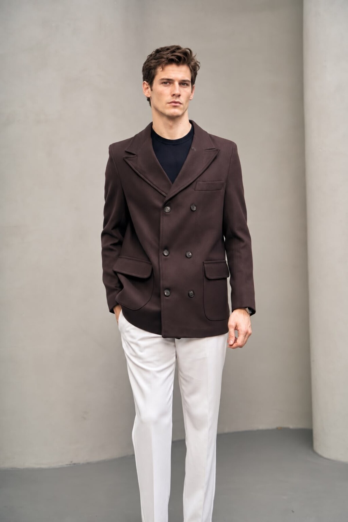 Erkek Gri Kruvaze Çift Düğmeli Blazer Kaban — قهوه‌ای 1410 — تصویر 3 از 7