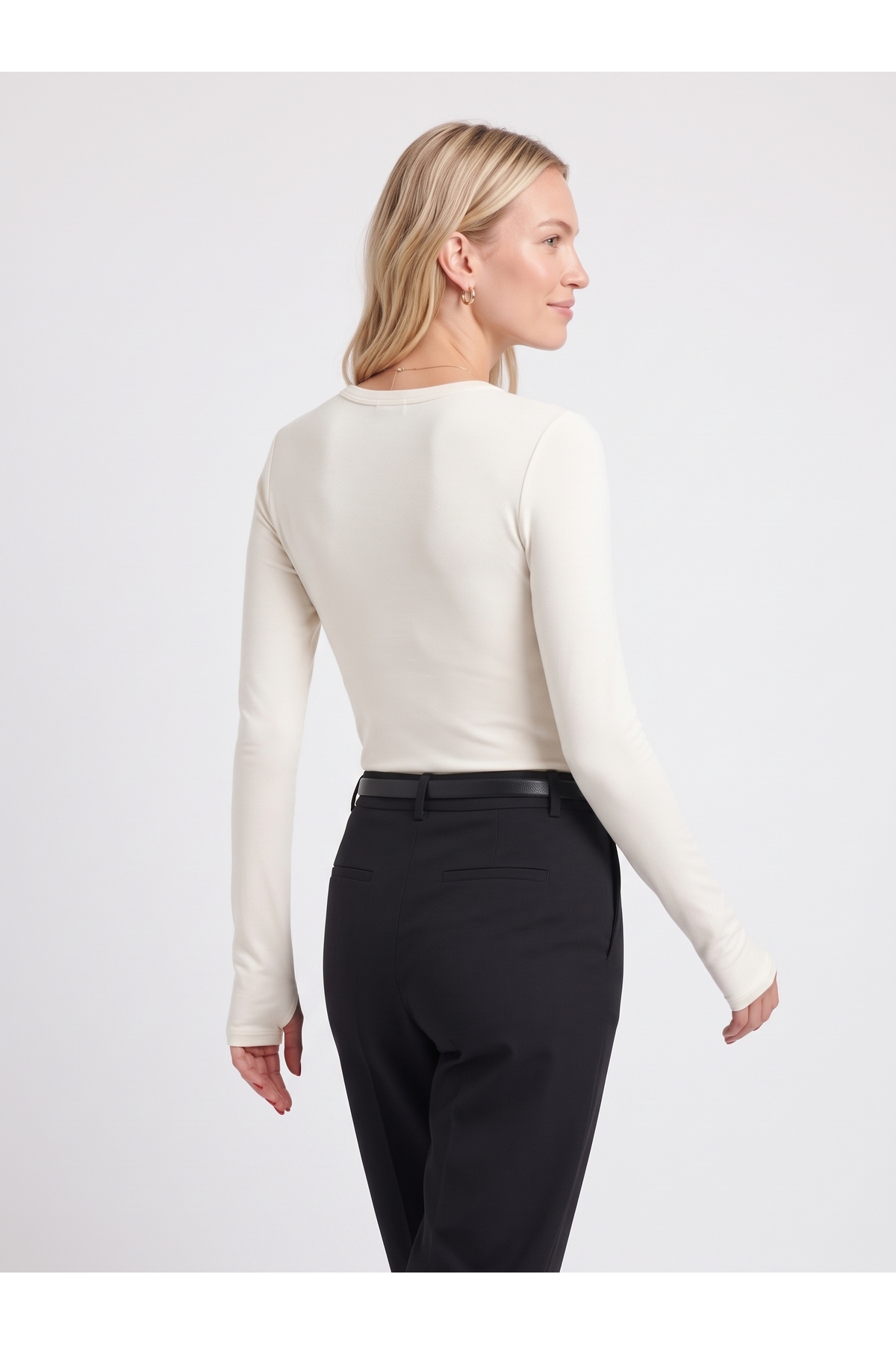 Kadın Modal Uzun Kollu Parmak Geçirmeli Bisiklet Yaka Slim Fit Body - Beyaz 4