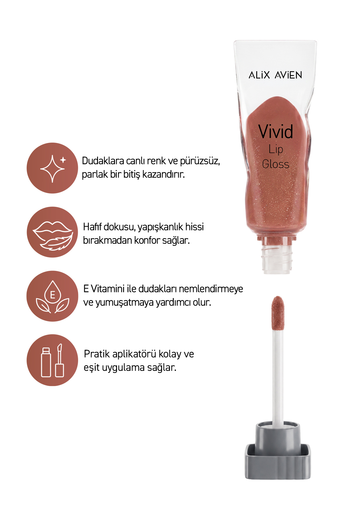 Parlak Bitişli Nemlendirici E Vitaminli Dudak Parlatıcı - Vivid Lipgloss 112 Light Mauve — قهوه‌ای VIVID — تصویر 2 از 5