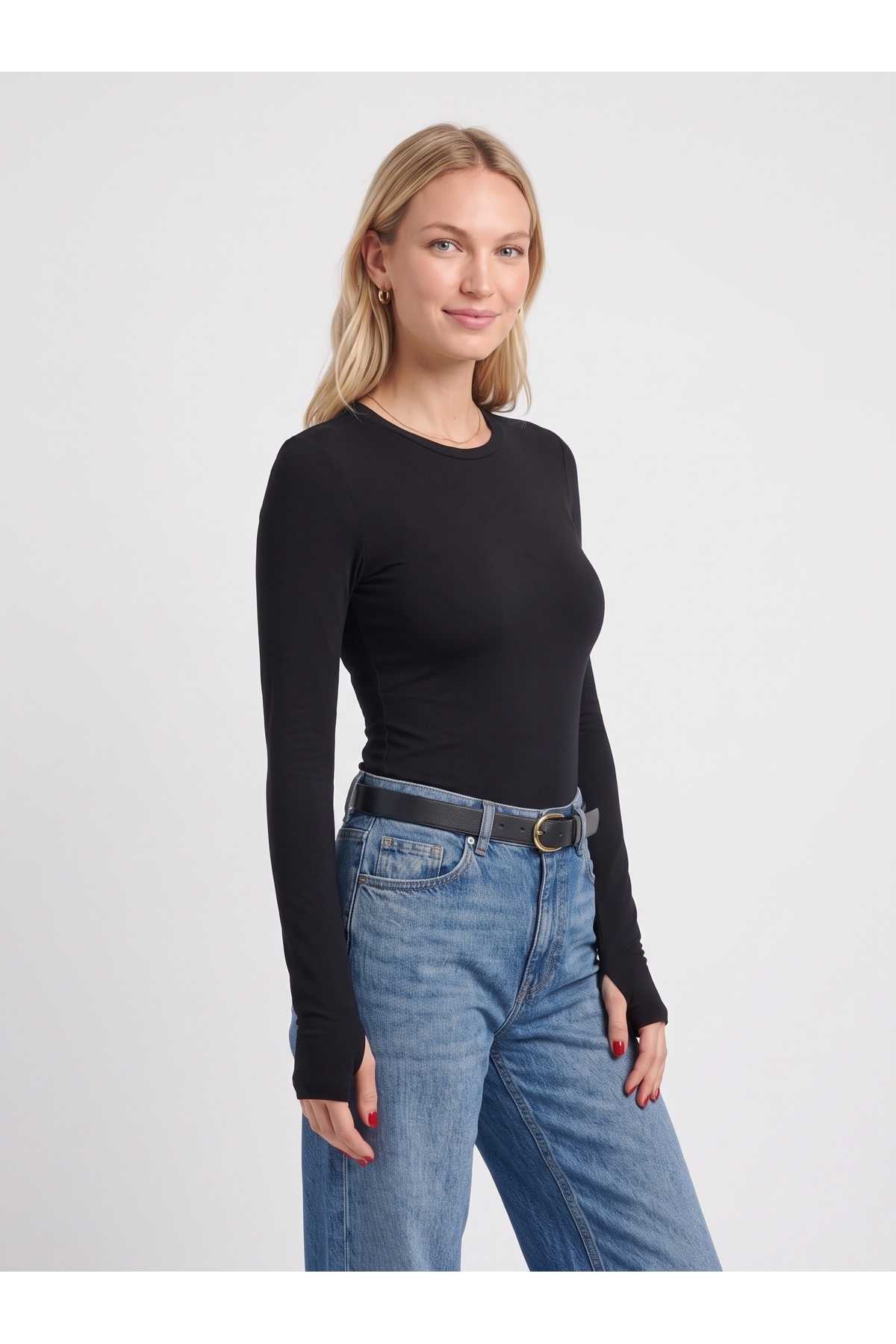 Kadın Modal Uzun Kollu Parmak Geçirmeli Bisiklet Yaka Slim Fit Body - Siyah 3