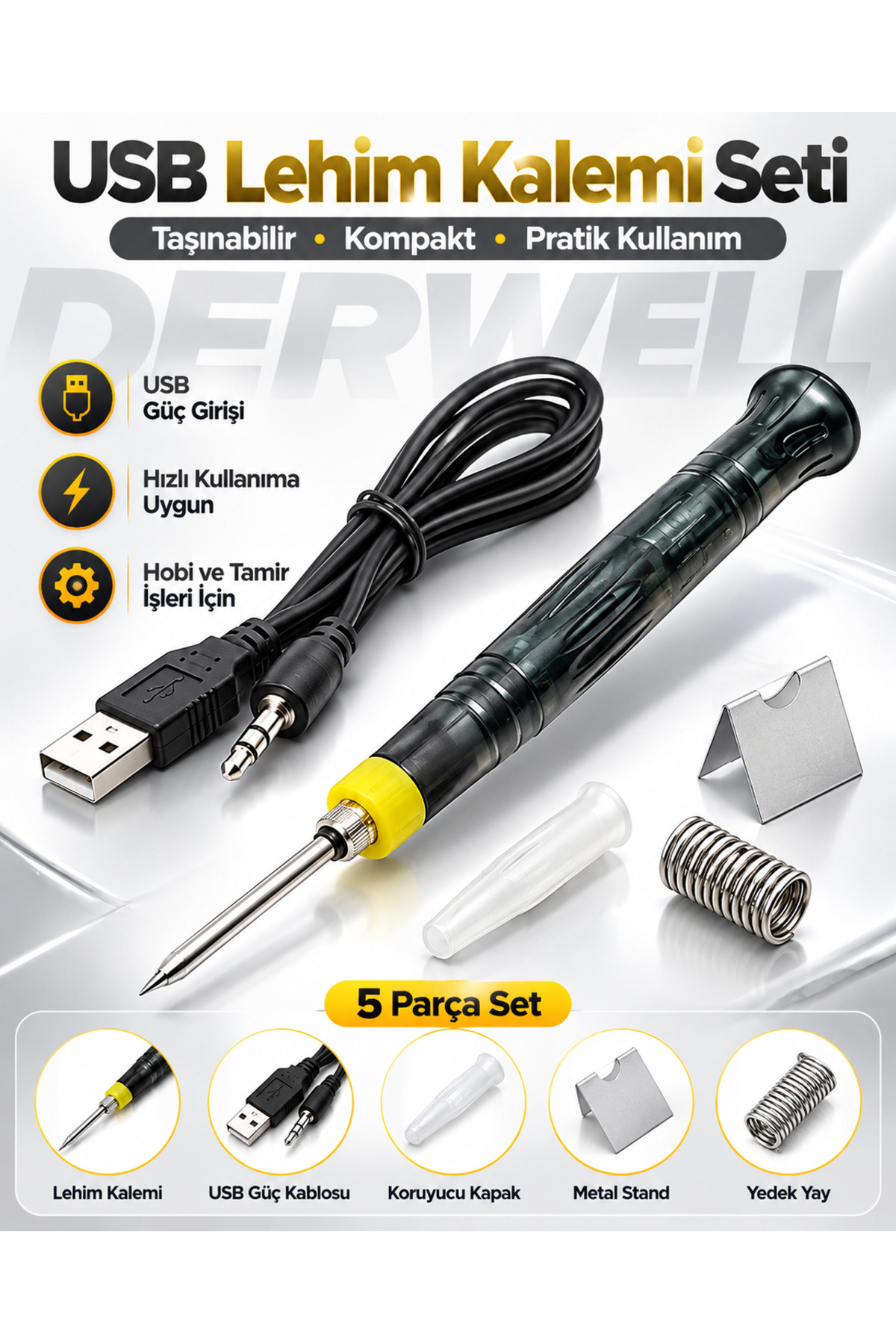 Yeni 2026 USB Lehim Kalemi Seti 5 Parça Taşınabilir Kompakt Mini Havya Tamir Seti Hobi Elektrikli Lehimleme Makinesi USB Güç Kablosu Metal Stand Koruyucu Kapak Yedek Yay Havya Ucu