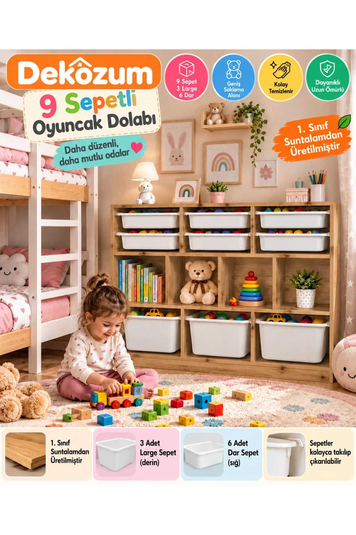 DEKOZUM MİLO 9 Sepetli Oyuncak Dolabı – 3 Large 6 Dar Sepetli