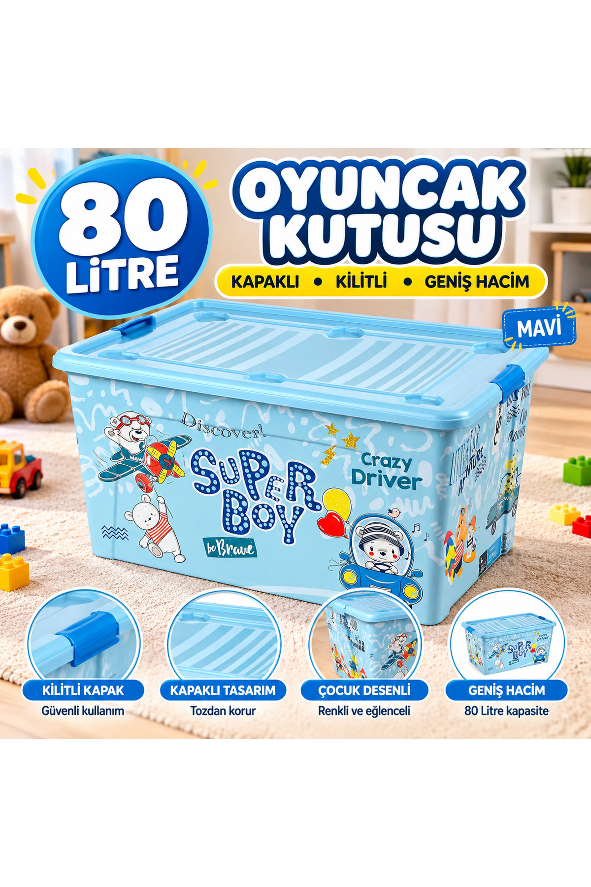 Qs Plastik 80 Litre Mavi Çocuk Oyuncak Saklama Kutusu Kapaklı