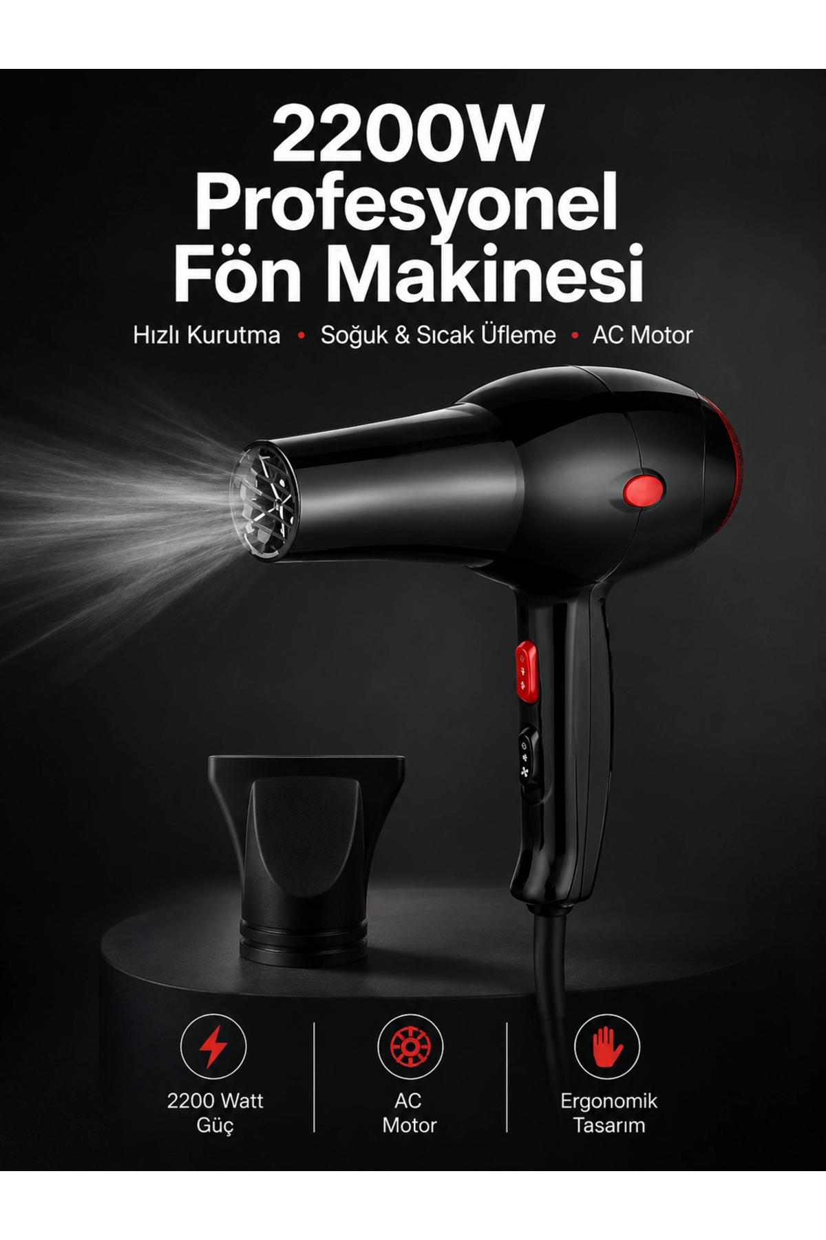 Hubrendy Tekno Tüm Saç Tiplerine Uygun, İki Kademeli Hız Ayarlı Fön Makinesi