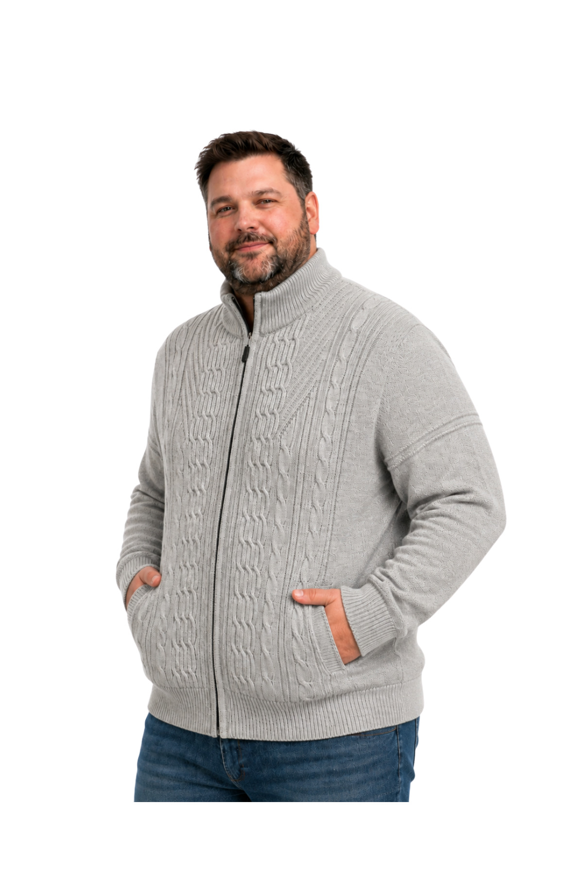 ژاکت بافتنی یقه بلند مردانه سایز بزرگ بژ، سایز 3XL-4XL-5XL-6XL — بژ BM-490 — تصویر 2 از 6