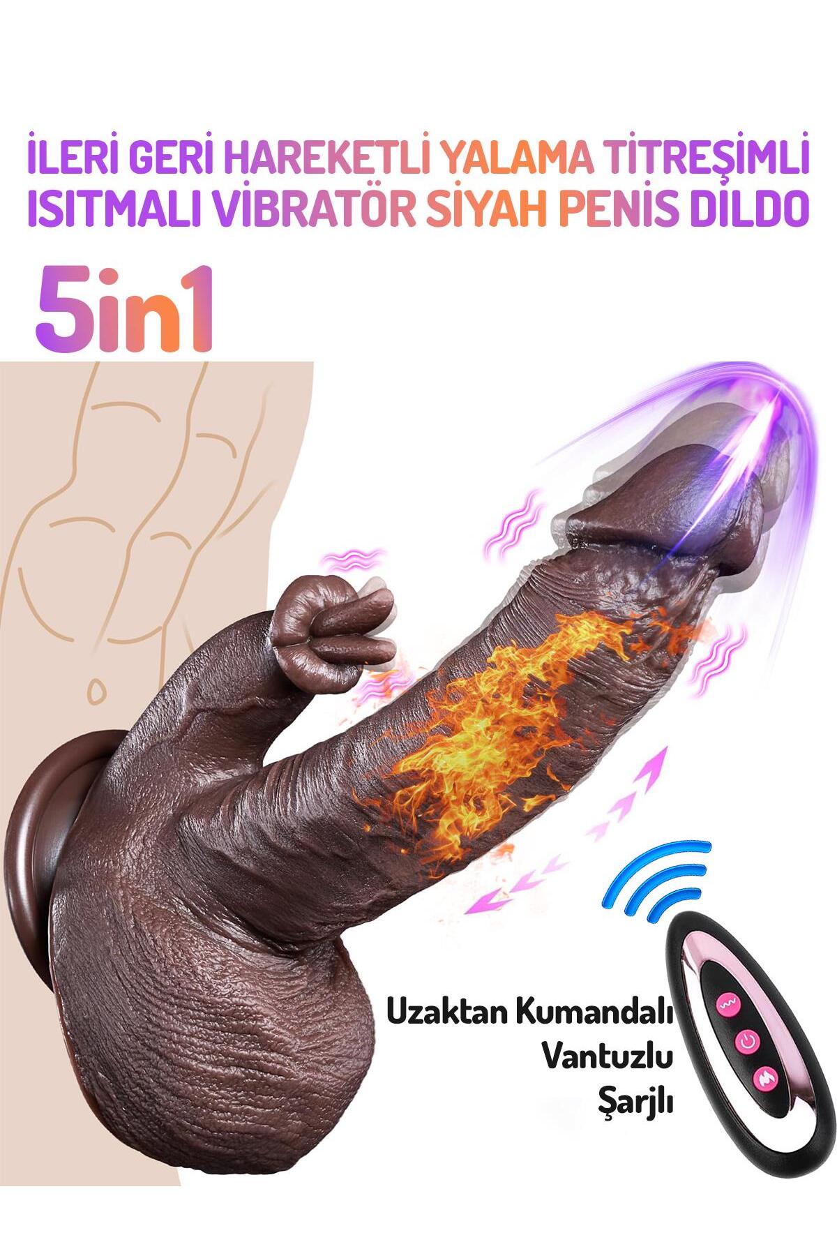 Uzaktan Kumandalı İleri Geri Hareketli Dil Yalama Titreşim Dildo Isıtmalı 22 Cm Penis Siyah Vibratör