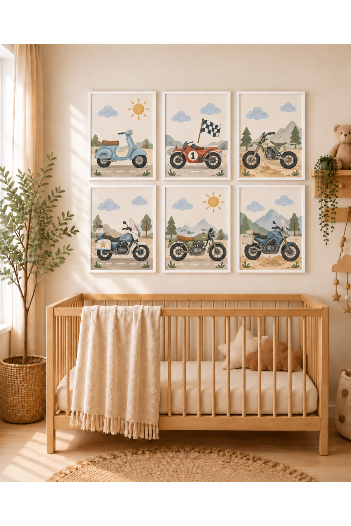 Erkek Bebek ve Çocuk Odası 6’lı MDF Tablo Seti – Motosiklet Yarış Motoru Temalı Duvar Dekoru