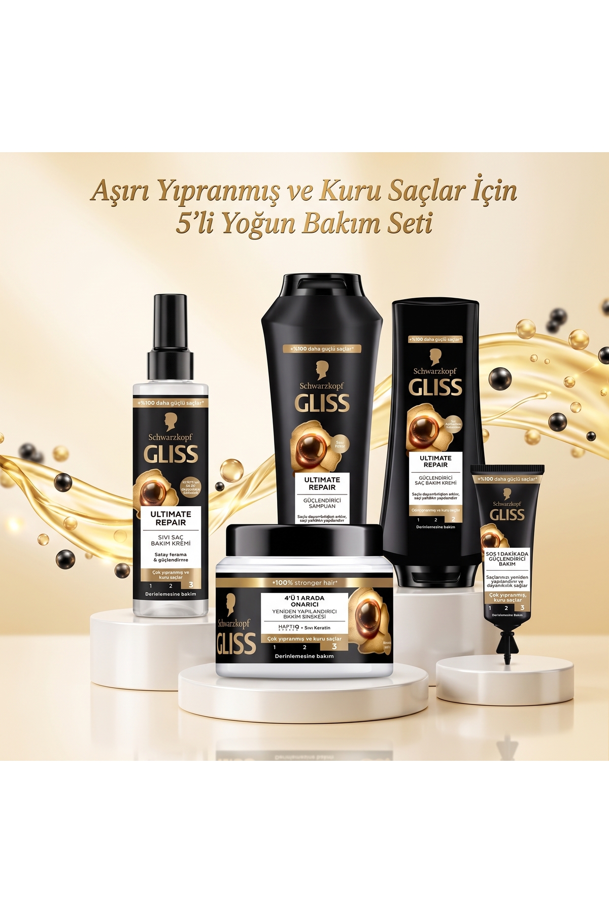 Ultimate Repair 5'li Bakım Seti (Şampuan 400ml + Saç Kremi 360ml + Maske 400ml + Sıvı Krem 200ml + SOS Tüp) — asvsdvd — تصویر 2 از 2