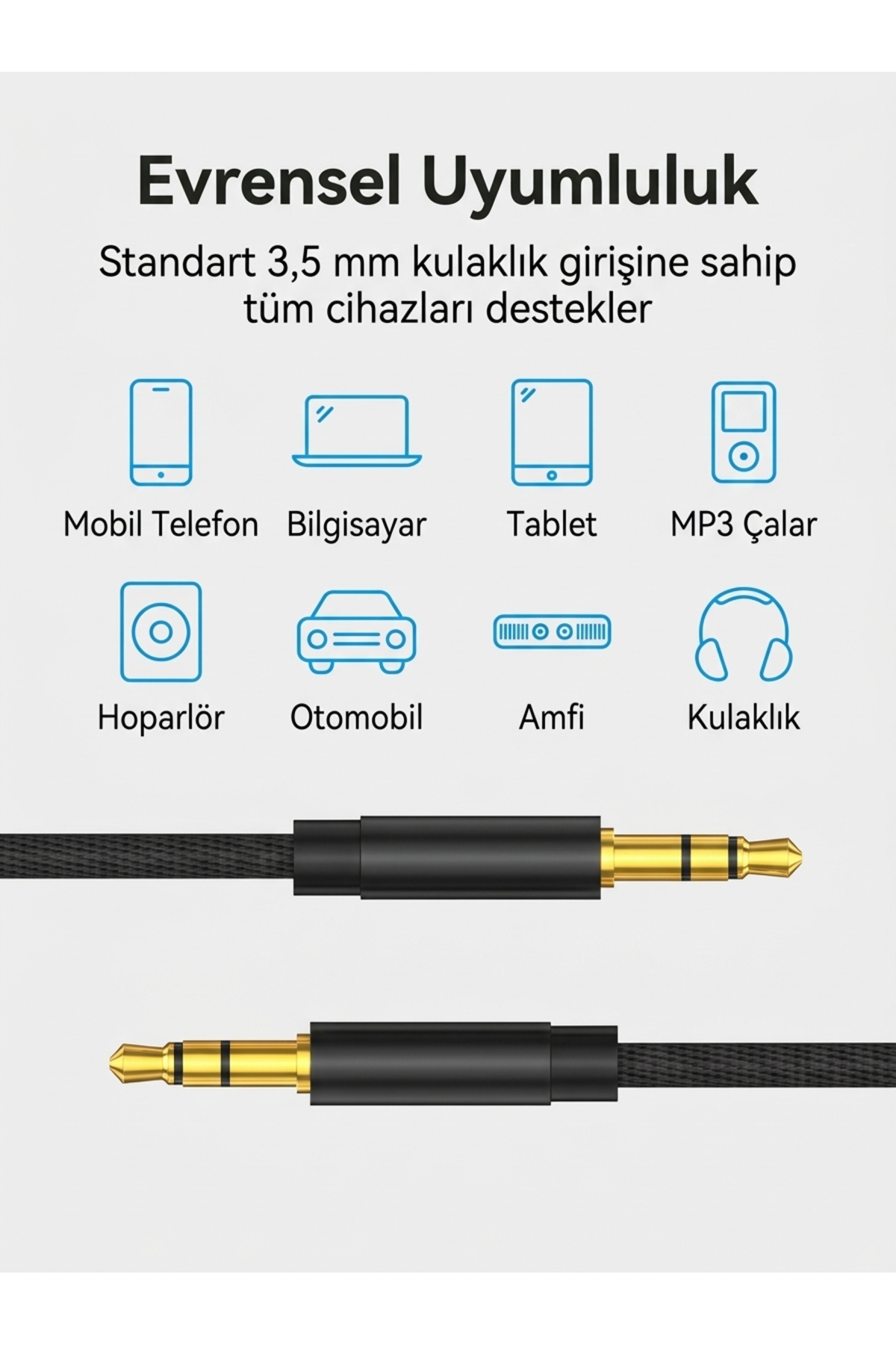 Radyo/Hoparlör/Kulaklık/Cep Telefonu/Tablet/Müzik Seti/Pc/Laptop/Notebook Uyumlu 3.5mm Jack To 3.5mm Jack Aux Kablo Örgü Dayanıklı Hifi 1 Metre Ses Kablosu