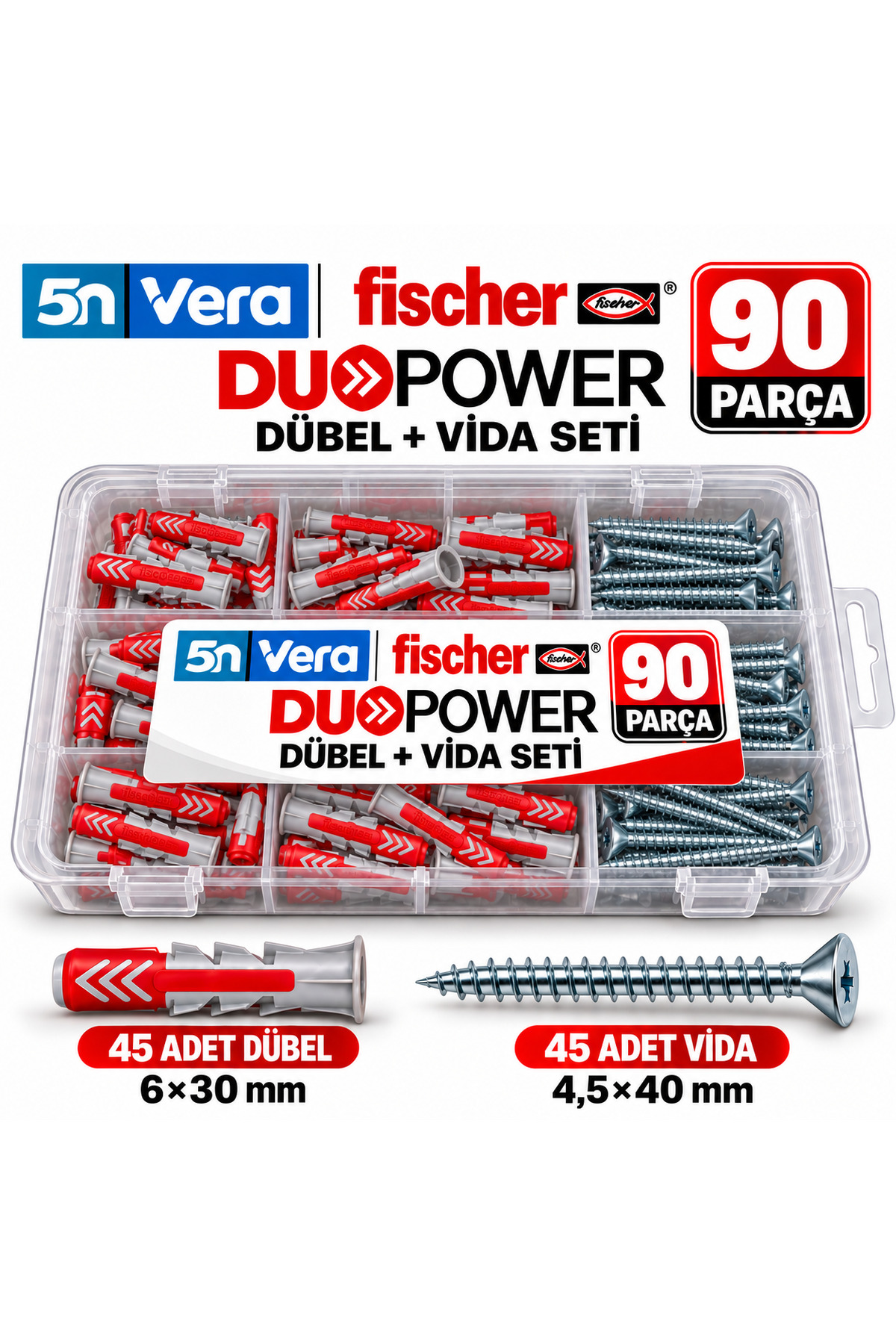 5N VERA Fischer DuoPower 6x30 Dübel + 4,5x40 Vida Seti | 45 Montajlık 90 Parça | Bölmeli Organizer Kutulu