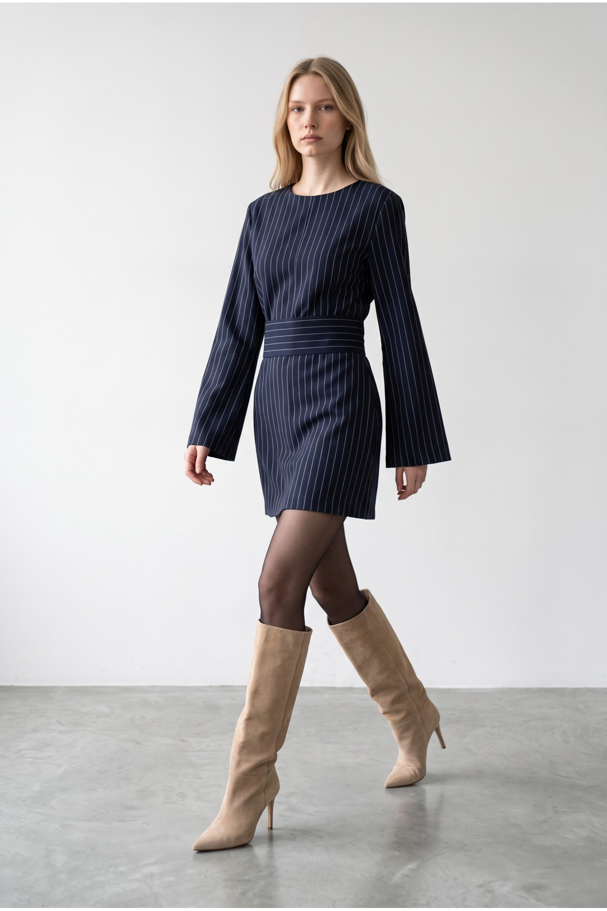 VALEQUİN Kadın Lacivert Beyaz Çizgili Slim Fit Uzun Kollu Premium Mini Elbise