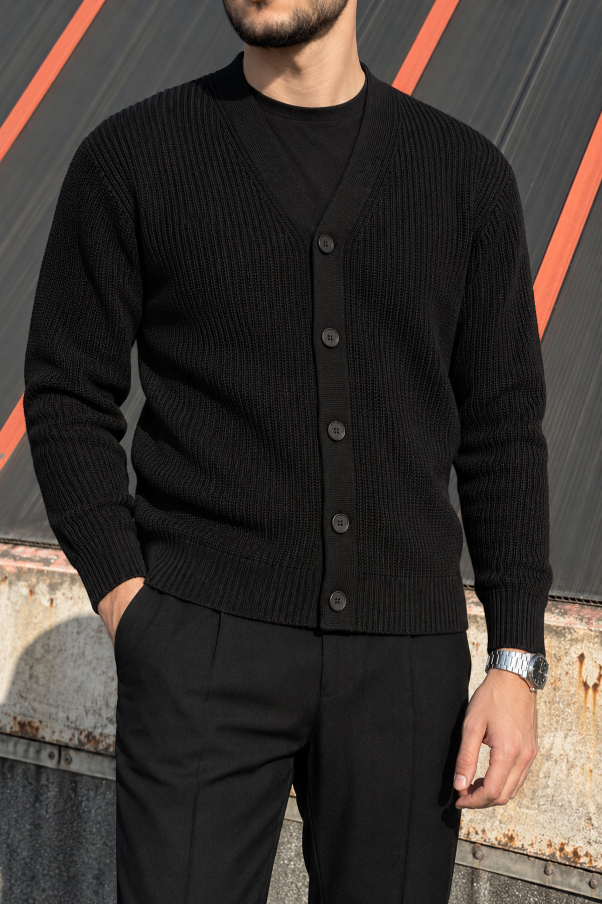 Erkek Kışlık, V yaka, Regular fit, 5 Düğmeli, Basic, Triko örme kazak-hırka PLTK24 — مشکی 26PLTK24 — تصویر 3 از 6