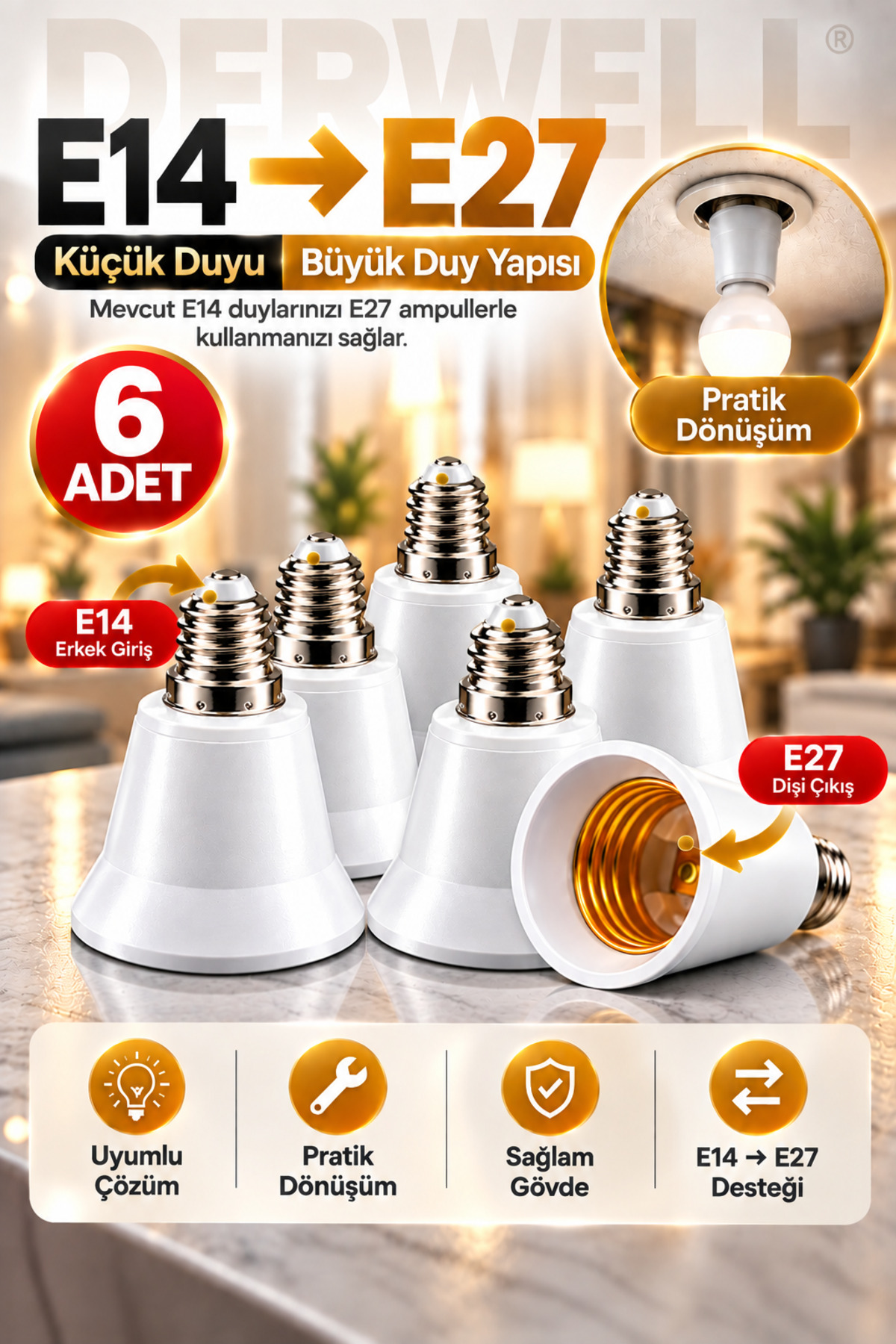 6 Adet E14'ten E27'ye Ampul Duy Dönüştürücü Adaptör - Küçük Duyuyu Büyük Duya Çevirici Aparat, Ev ve Ofis İçi Pratik Aydınlatma Çözümü, Sağlam ve Dayanıklı Gövde Yapısı