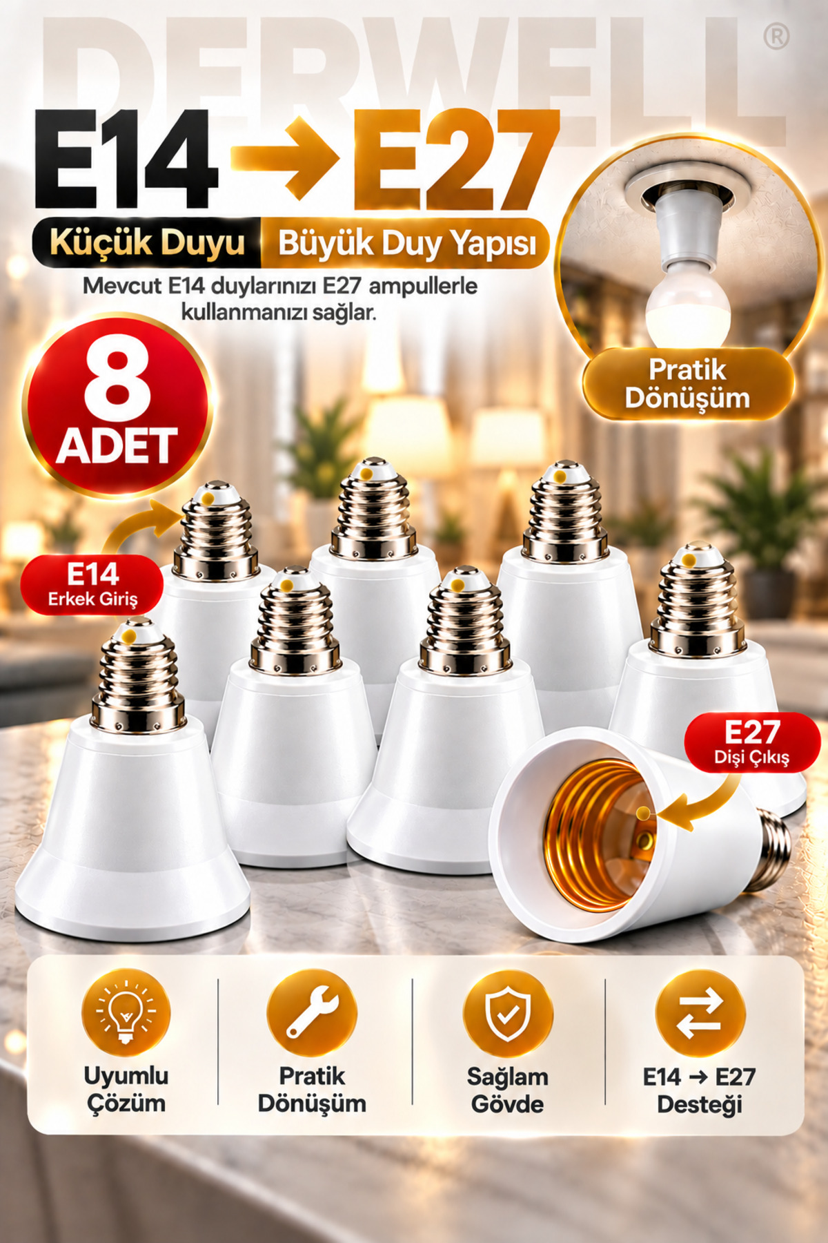 8 Adet E14'ten E27'ye Ampul Duy Dönüştürücü Adaptör - Küçük Duyuyu Büyük Duya Çevirici Aparat, Ev ve Ofis İçi Pratik Aydınlatma Çözümü, Sağlam ve Dayanıklı Gövde Yapısı