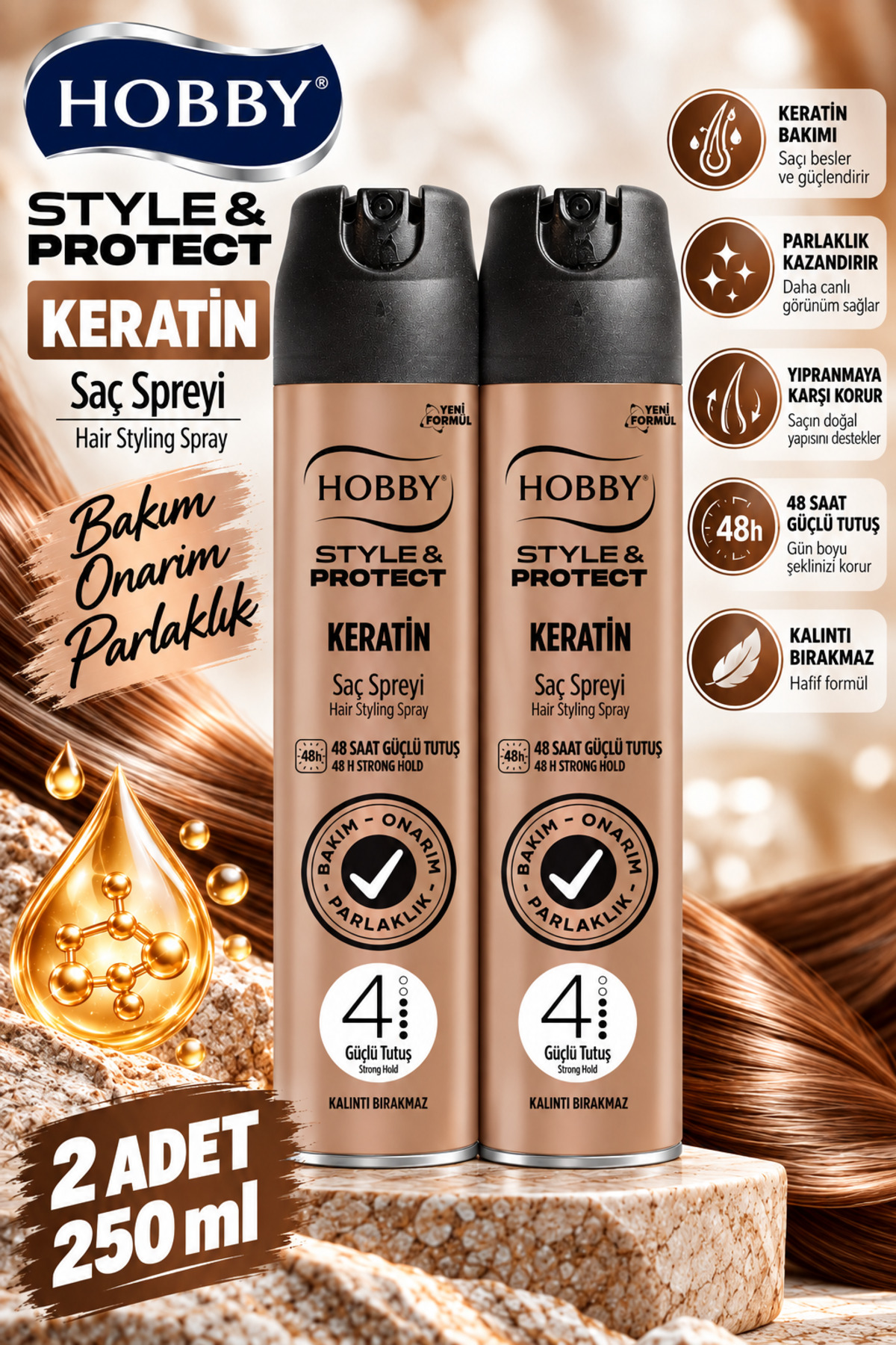 Hobby Style&Protect Keratin Saç Spreyi 250 ml Bakım Onarım Ve Parlaklık 2'li Set — NCF--KeratinSprey2