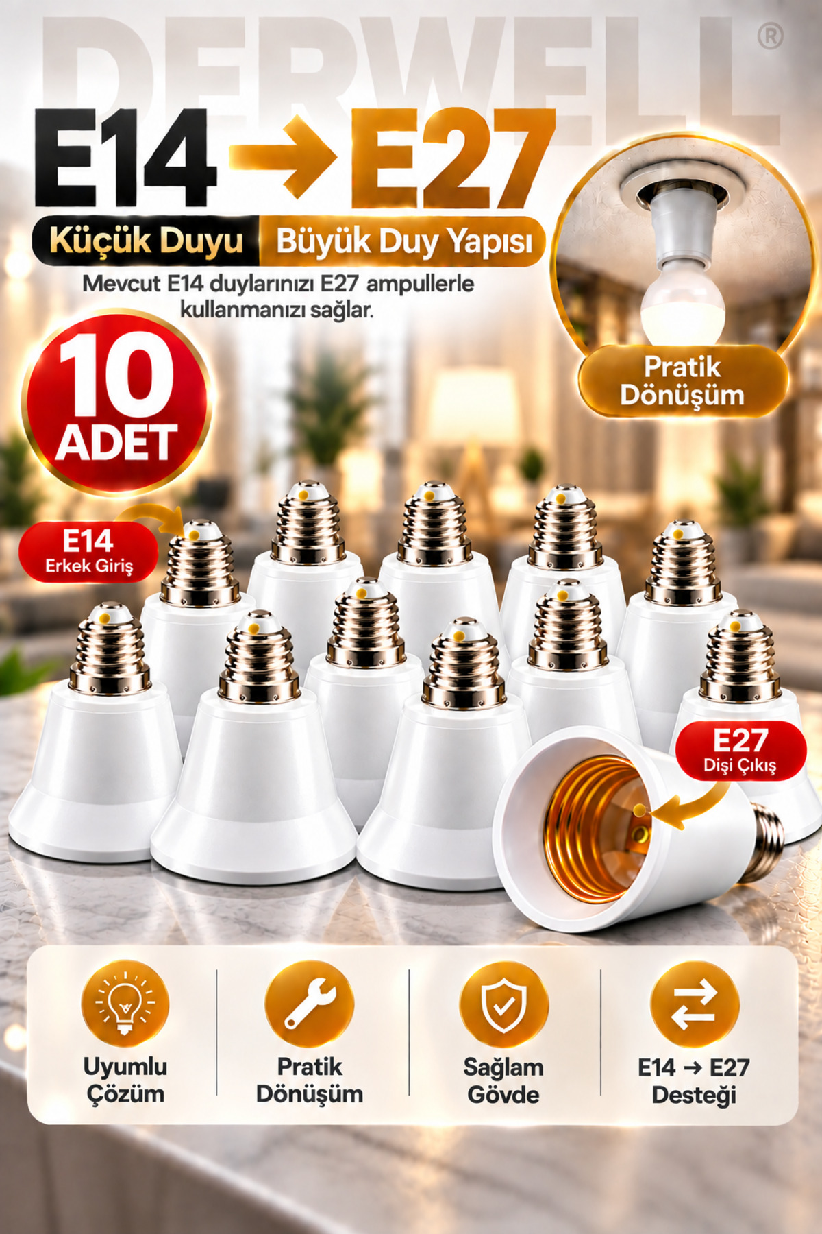 10 Adet E14'ten E27'ye Ampul Duy Dönüştürücü Adaptör - Küçük Duyuyu Büyük Duya Çevirici Aparat, Ev ve Ofis İçi Pratik Aydınlatma Çözümü, Sağlam ve Dayanıklı Gövde Yapısı