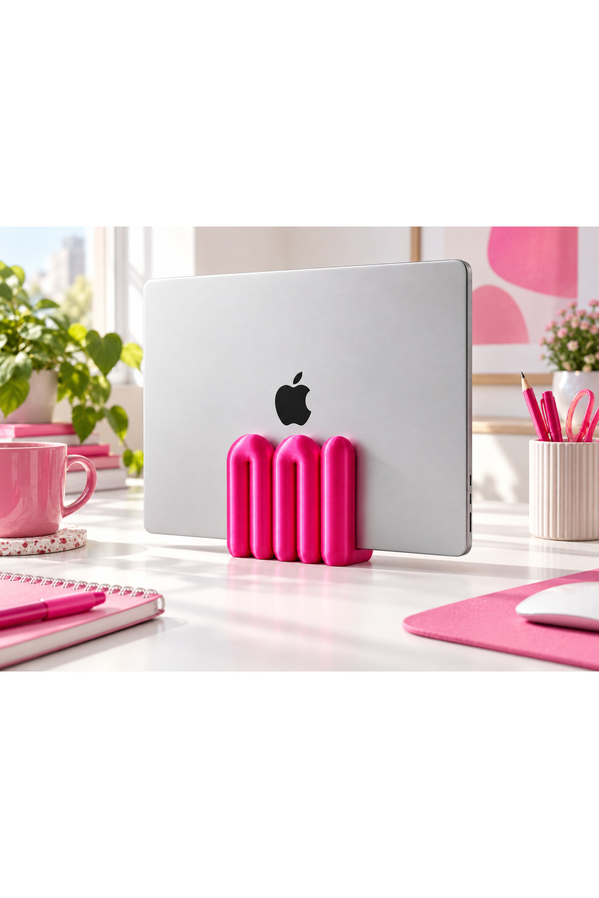 Molly Dekoratif Laptop Tutucu Stand- Metalik Fuşya, dizüstü bilgisayar ile masada kullanım görünümü.
