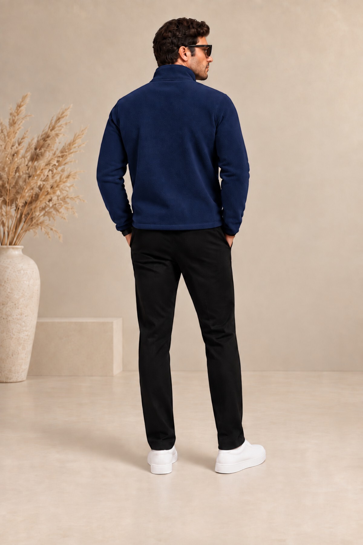 Erkek Lacivert Fermuarlı Polar Ceket Dik Yaka Regular Fit Günlük Kışlık — سرمه‌ای E0500 — تصویر 5 از 8