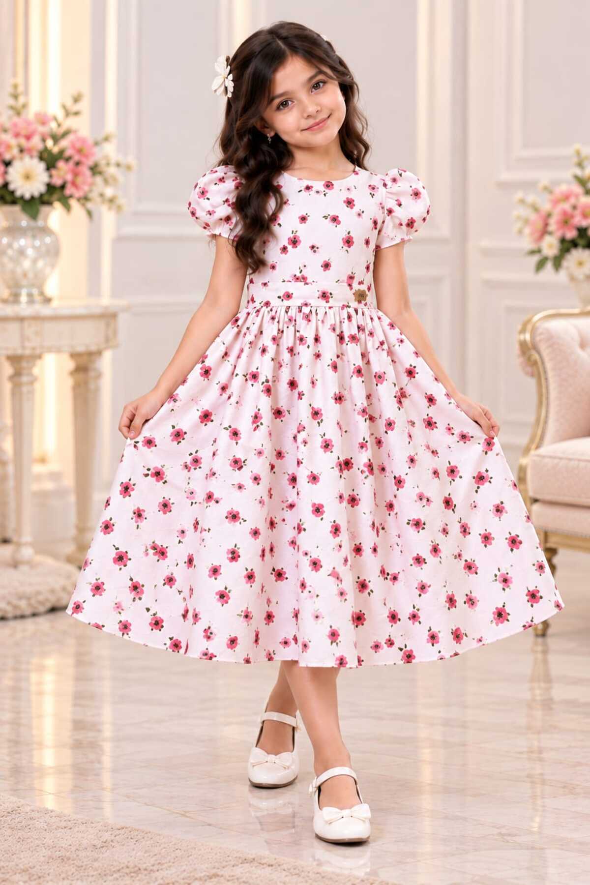 Girls Casual Floral Print Dress with Ruffled Sleeves