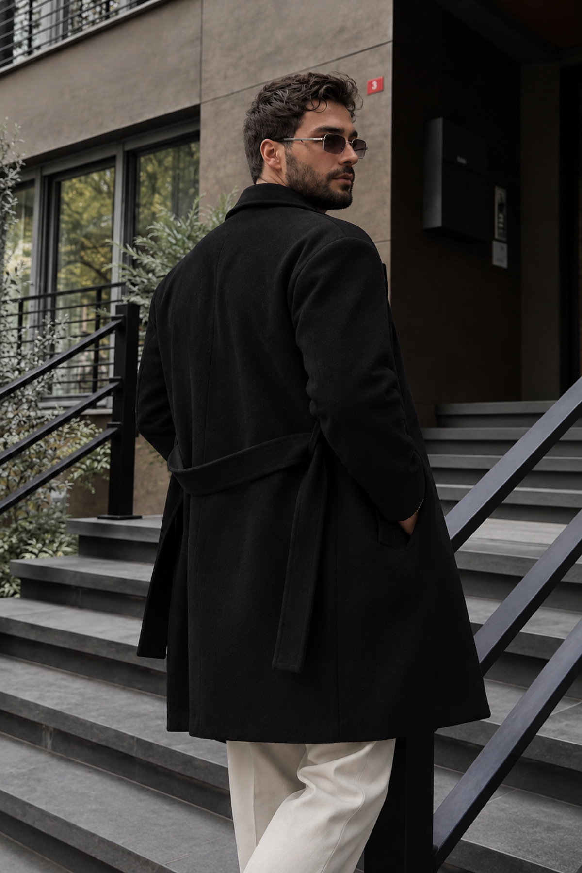 Yeniz Sezon Erkek Kemerli Oversize Rahat Kesim Kaşe Kaban — مشکی 560-2 — تصویر 5 از 7