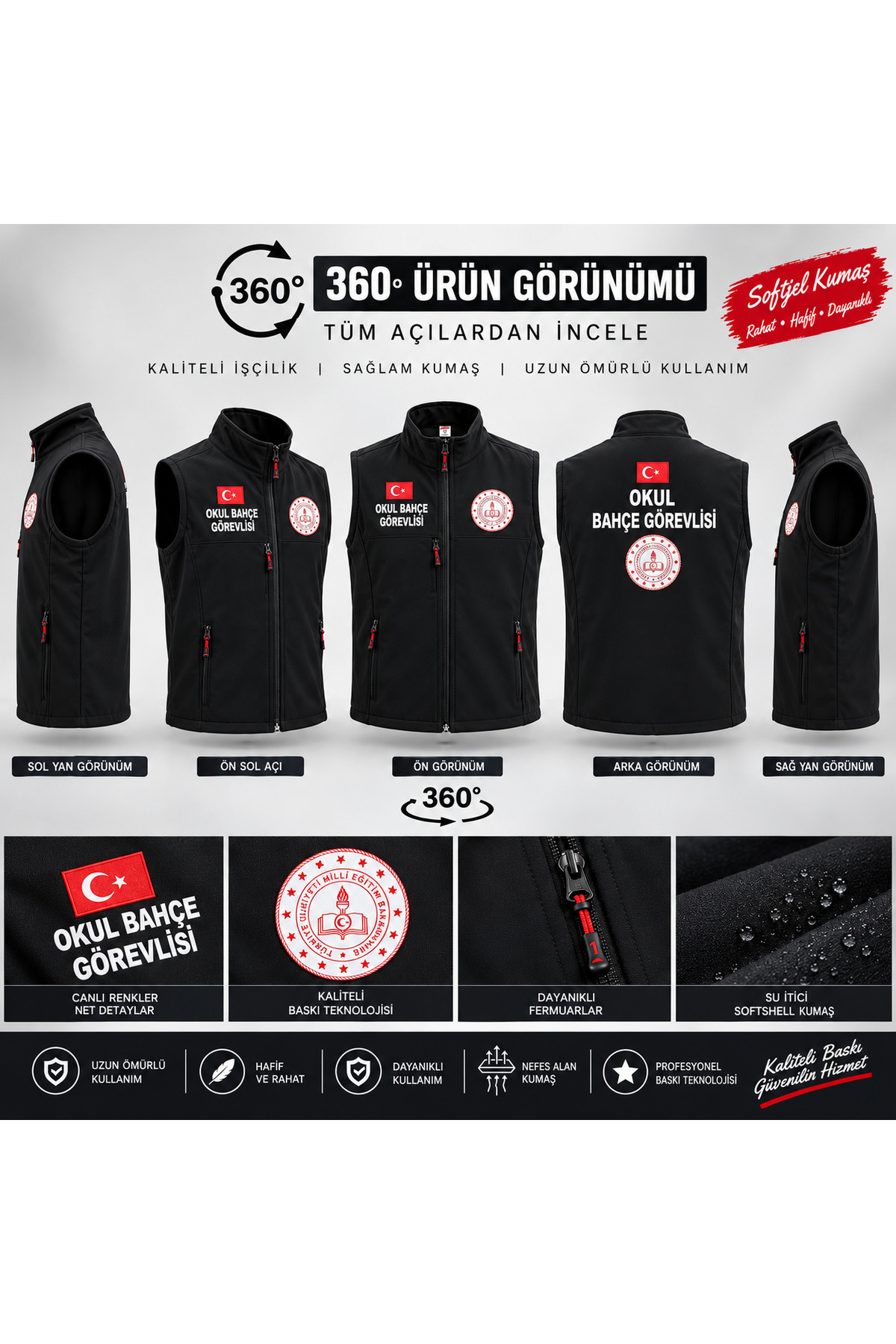 OKUL BAHÇE GÖREVLİSİ BASKILI SOFTSHELL PREMİUM YELEK — مشکی 010101202 — تصویر 2 از 3