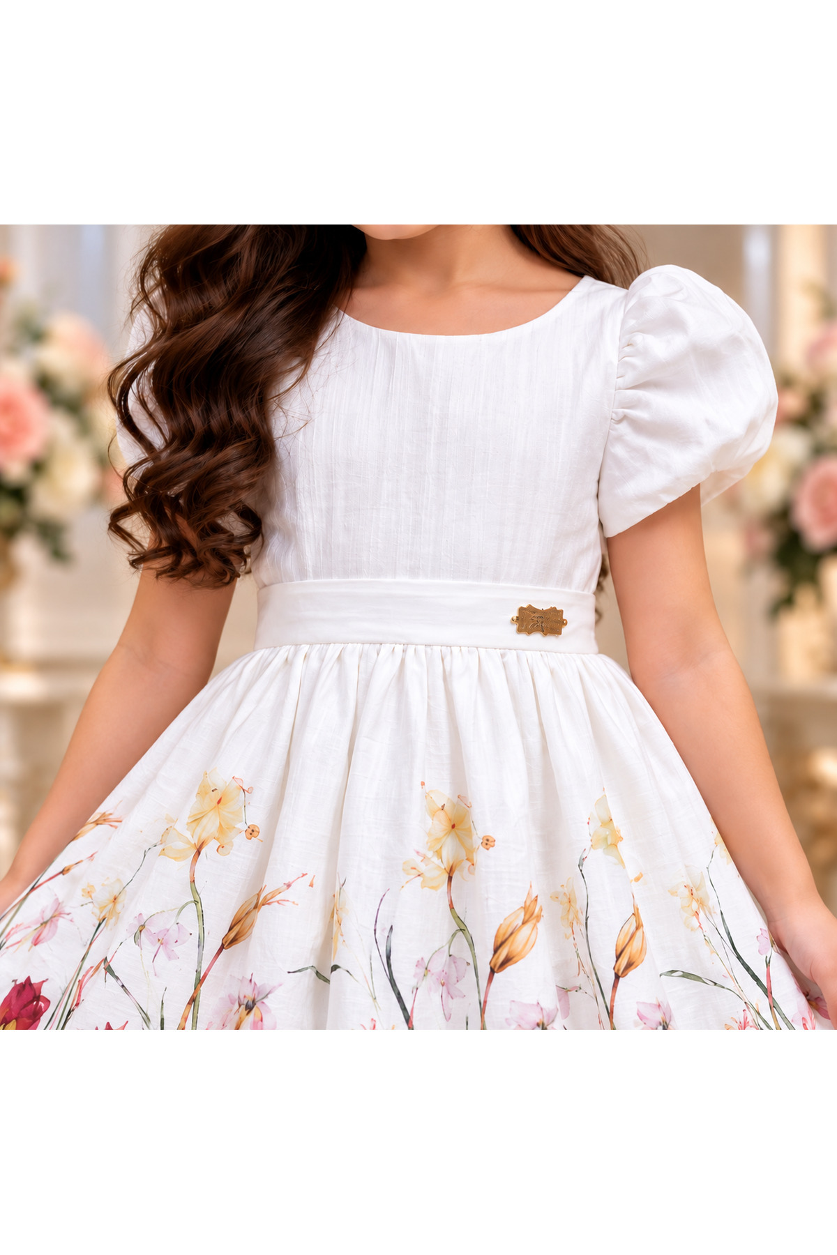 Girls Casual White Floral Print Dress with Puffy Sleeves and Tie-Up Waist