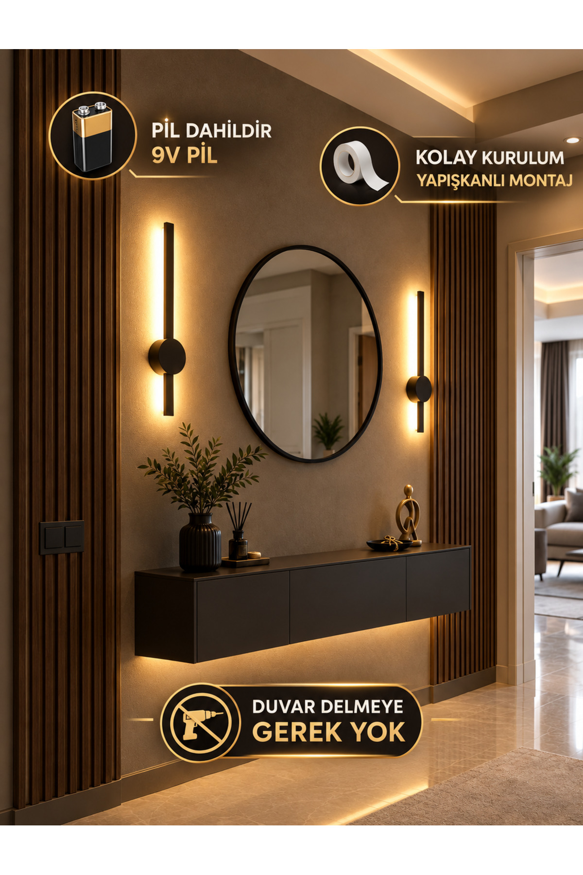Sunbox Kendinden yapışkanlı pilli duvar aplik aydınlatma GÜNIŞIĞI SİYAH (1 ADET)