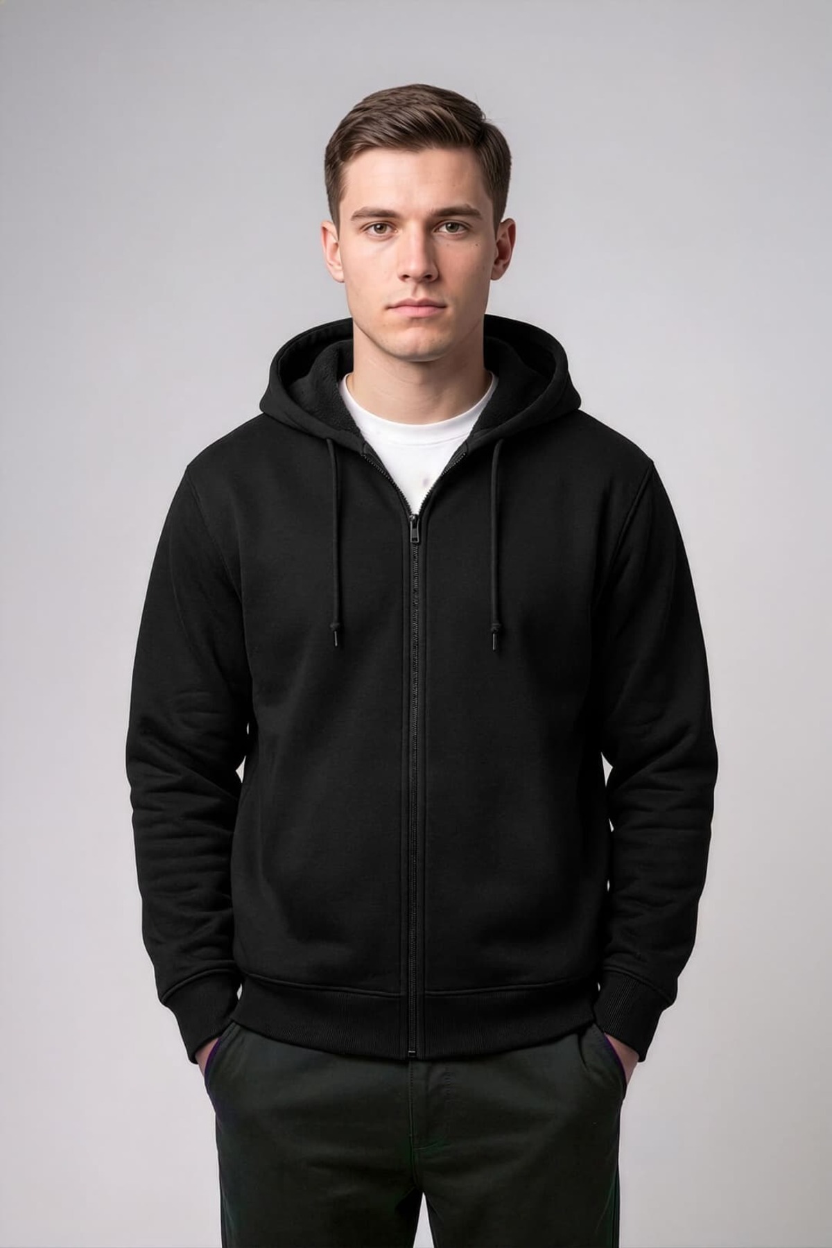 MARKAPIA Erkek Fermuarlı Kapüşonlu İçi Polarlı Siyah Sweatshirt