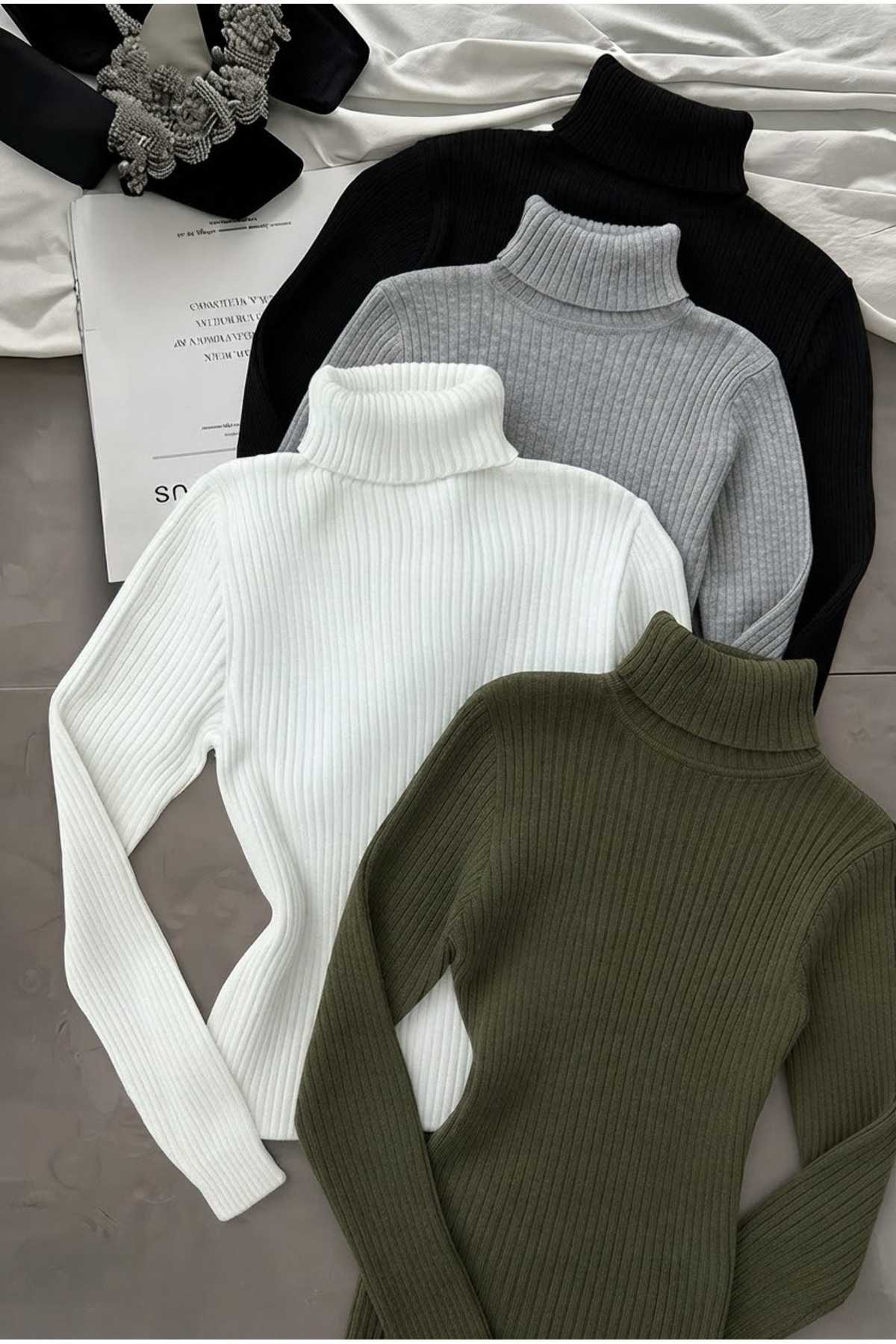 Pamuk Dokulu Triko Balıkçı Yaka Slim Fit Unisex Günlük Uzun Boğazlı Kazak | 4’lü Set — خاکی WİNT1