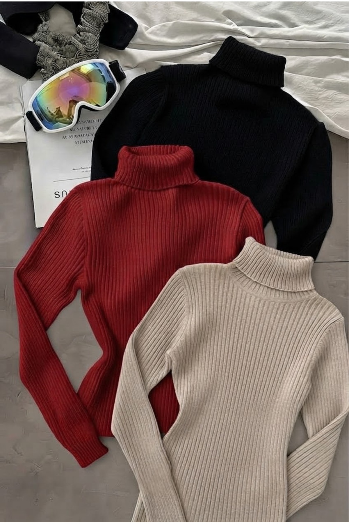 Pamuk Dokulu Triko Balıkçı Yaka Slim Fit Unisex Günlük Uzun Boğazlı Kazak | 3'lü Set — قرمز WİNT1