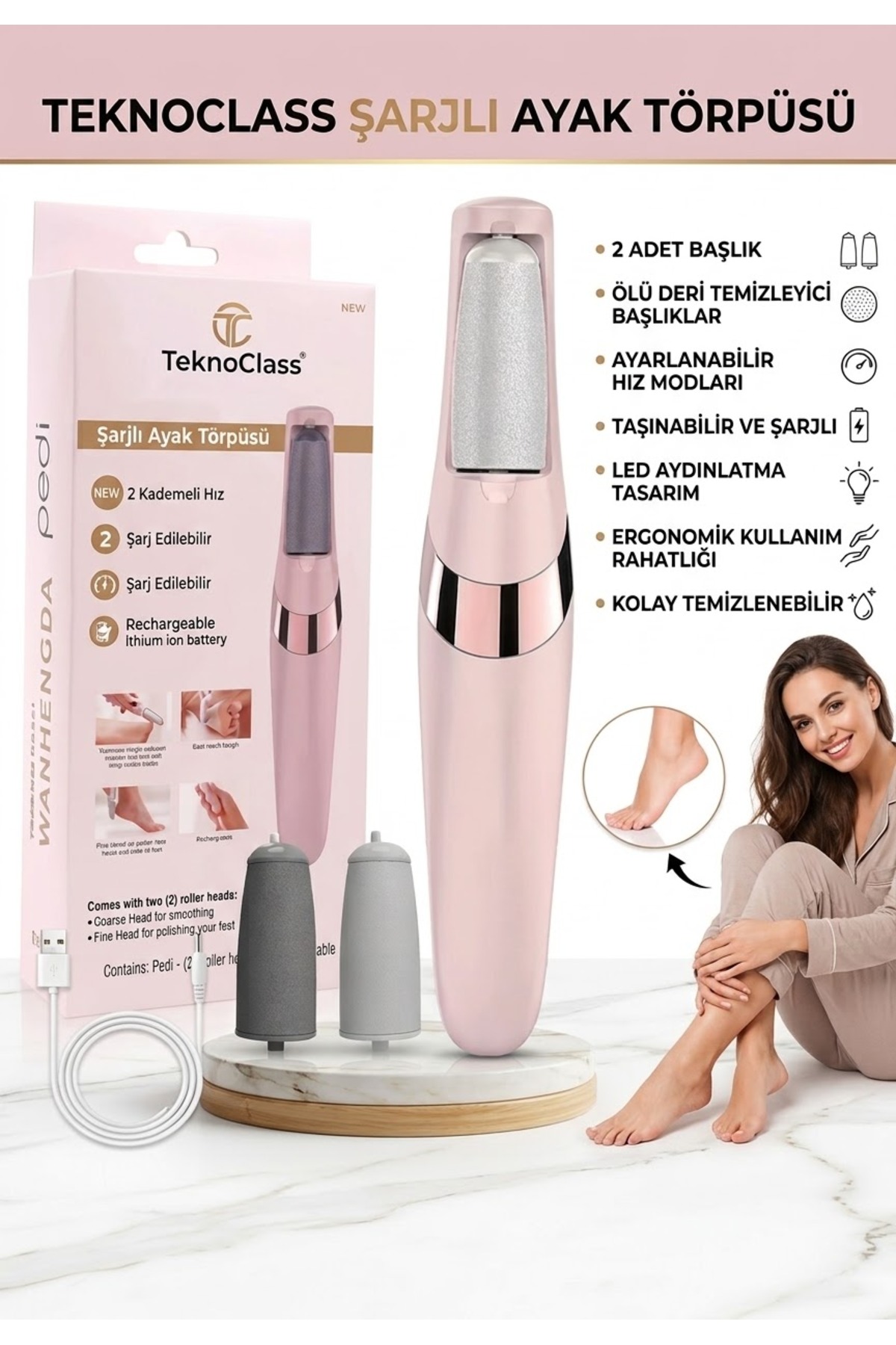 TeknoClass Şarjlı Ayak Törpüsü Pedikür ve Ayak Bakım Aleti Ayak Tabanı Bakım Törpüsü Topuk Nasır Temizleme
