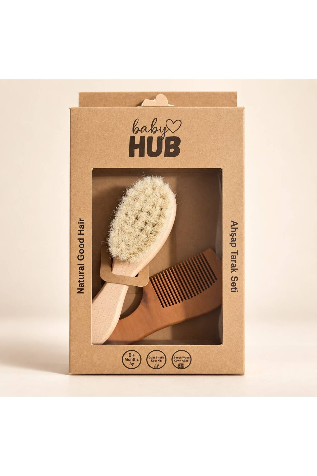 baby hub Bebek Saç Fırçası ve Ahşap Tarak Seti Keçi Kılı 0+ Ay