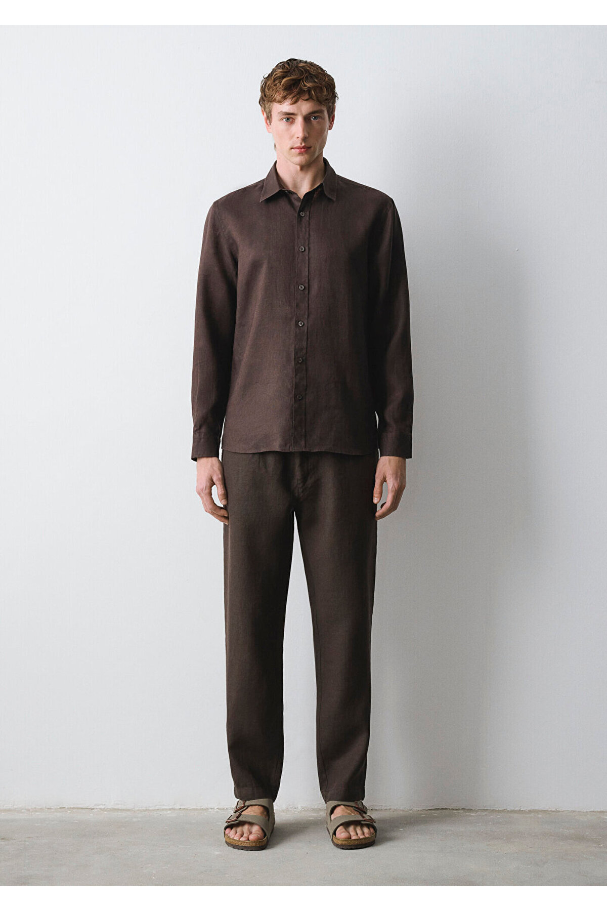 Kahverengi Keten Gömlek Slim Fit / Dar Kesim 0211466-70219 — قهوه‌ای — تصویر 4 از 6