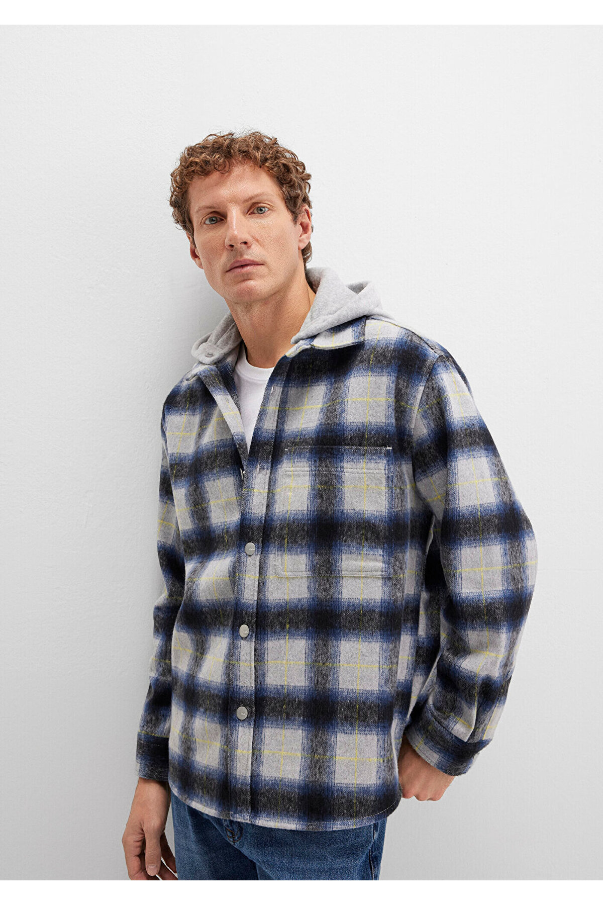 Wool Blend Plaid Shirt Loose Fit / Loose Relaxed Cut 0211786-91301 — خاکستری — تصویر 2 از 7