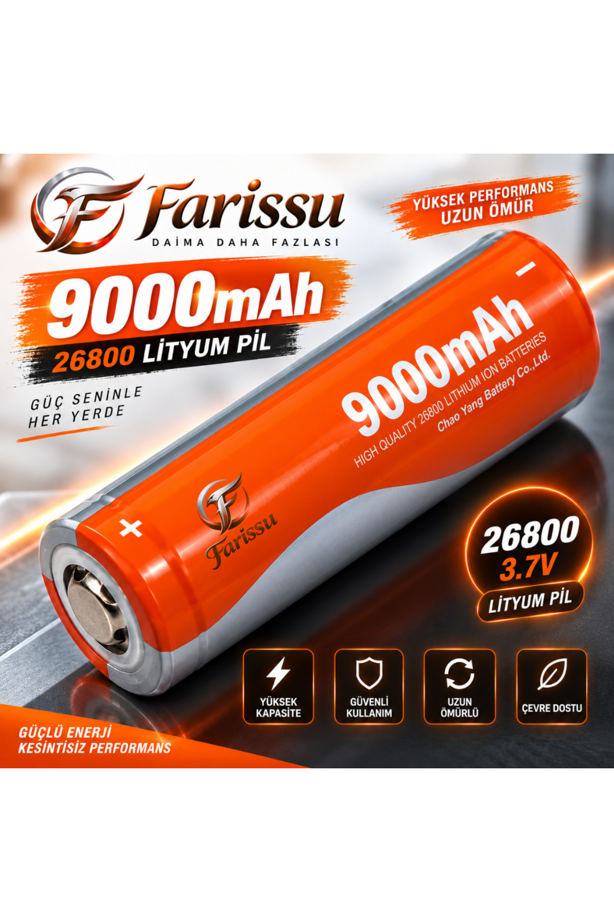 farissu 26800 3.7V 9000 mAh Şarj Edilebilir Li-ion Pil (26x80 mm