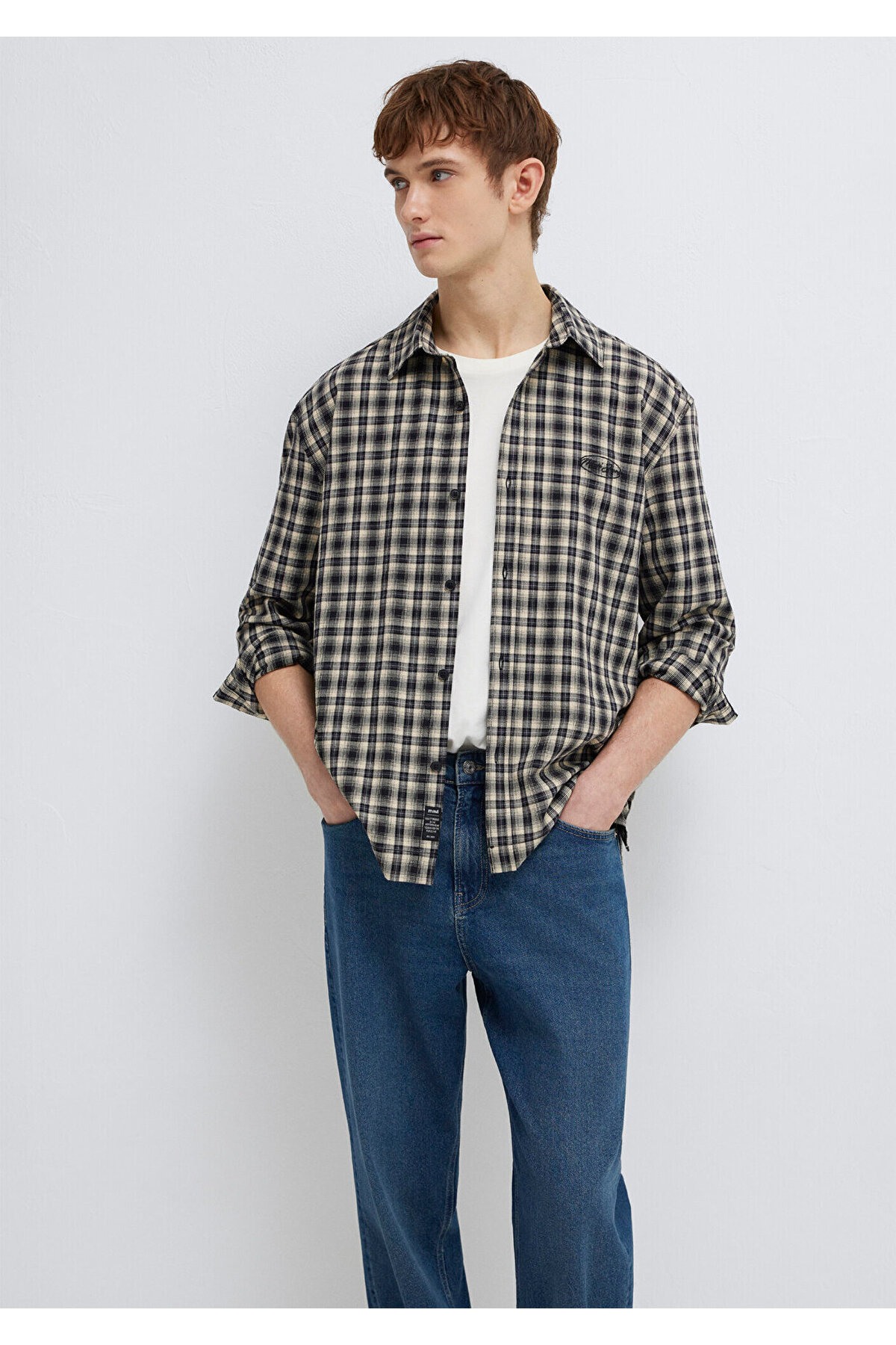 Jeans Nakışlı Siyah Ekose Gömlek Loose Fit / Bol Rahat Kesim 0211880-91417 — مشکی — تصویر 3 از 8