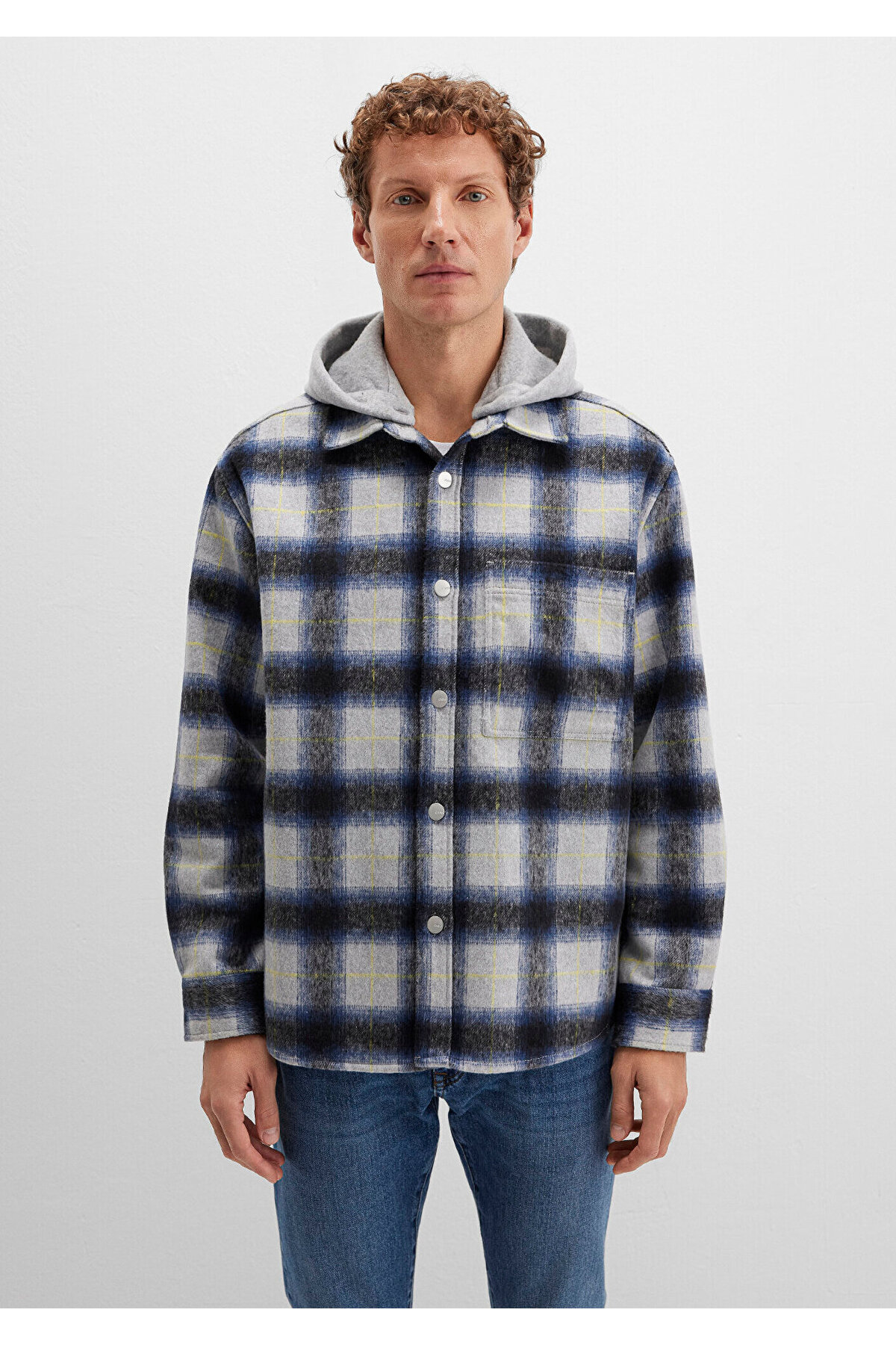 Wool Blend Plaid Shirt Loose Fit / Loose Relaxed Cut 0211786-91301 — خاکستری — تصویر 3 از 7