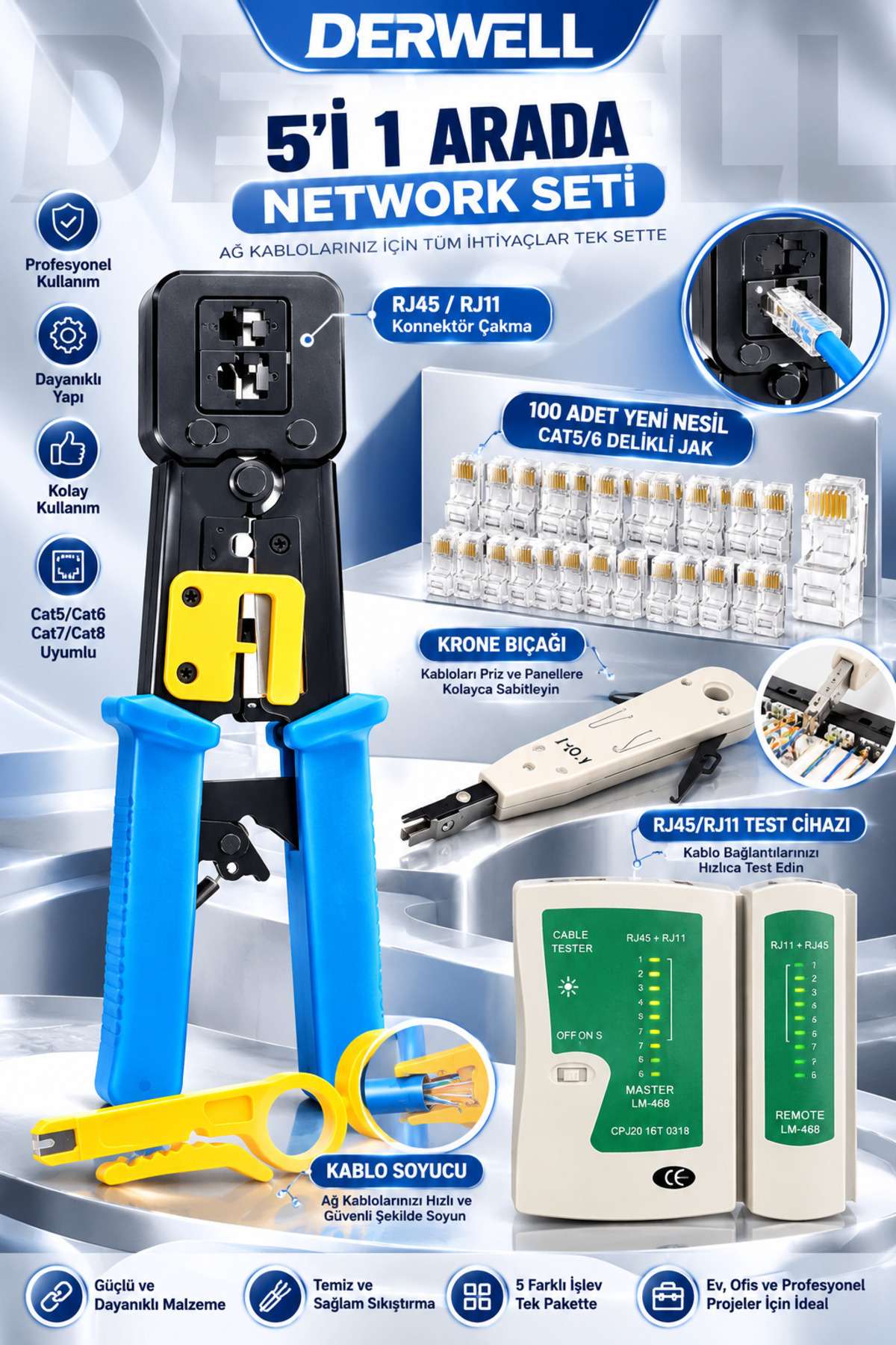 Yeni Nesil Pense Cat6/cat5 Pense + Rj45 Rj11 Test Cihazı + Sarı Kablo Soyucu + 100 Adet Yeni Nesil Açık Uçlu Rj45 + Krone Bıçağı Crimper Ethernet Bakım Kiti
