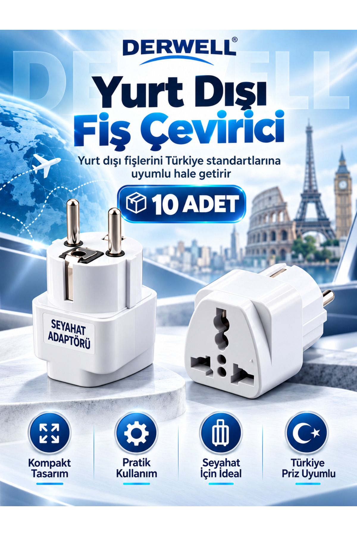 Üniversal Seyahat Adaptörü Priz Çevirici Dönüştürücü Amerikan İngiliz Çin Japonya Tipi Fişleri Avrupa Tipine Dönüştürür 10 Adet