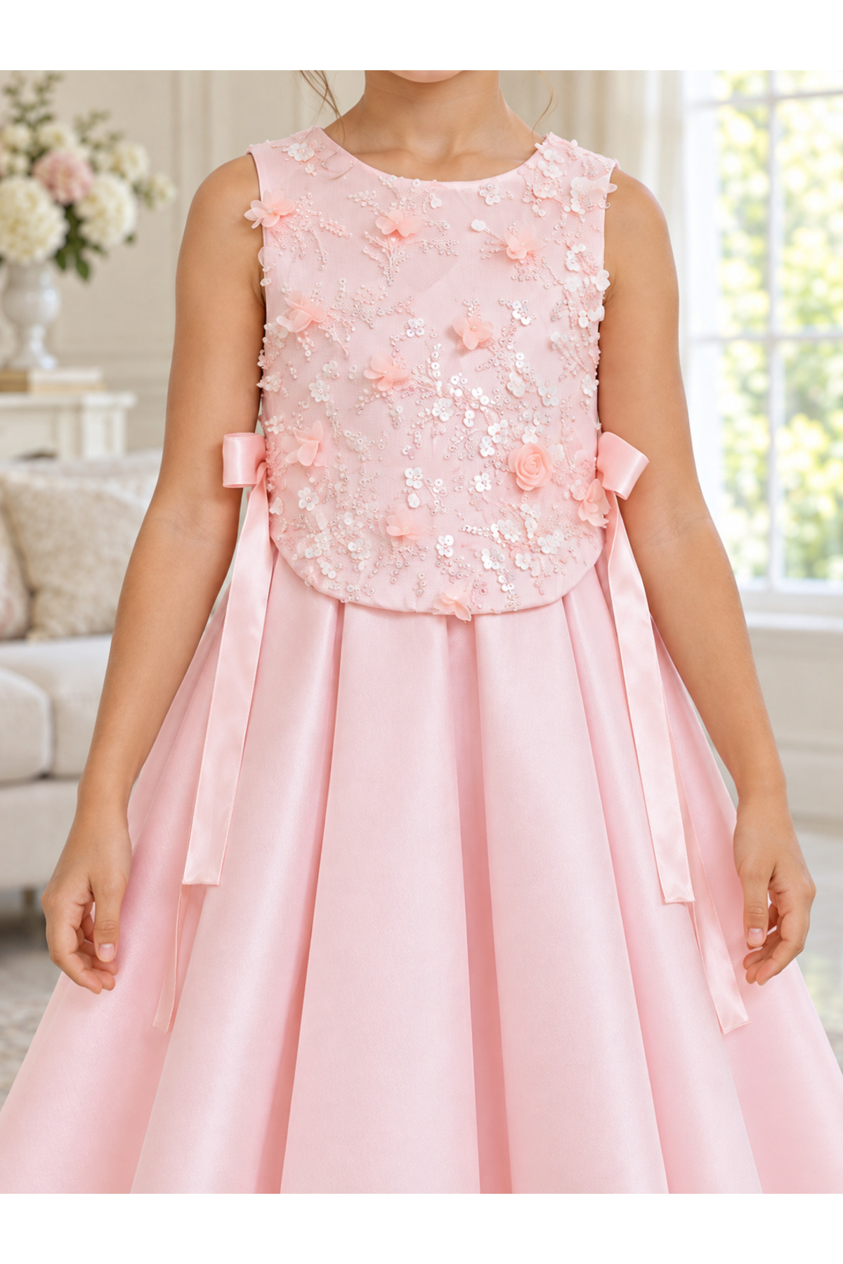 Girls Pink Princess Dress with 3D Flowers and Glitter Details
