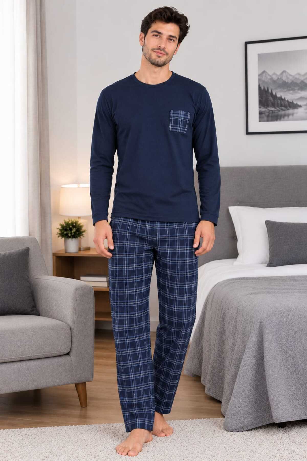 PİJART Lacivert Ekose Uzun Kollu Pamuklu Erkek Pijama Takımı