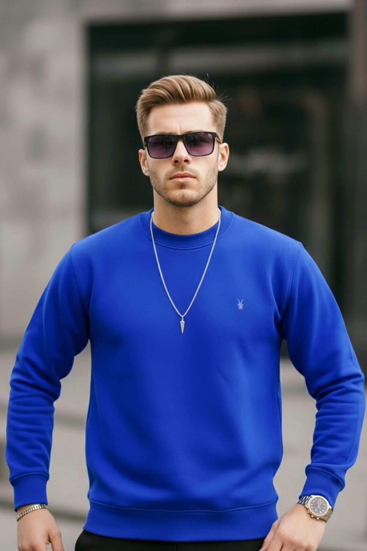 سویشرت مردانه یقه گرد ساده آبی - آبی — آبی 1210BSC — تصویر 7 از 7