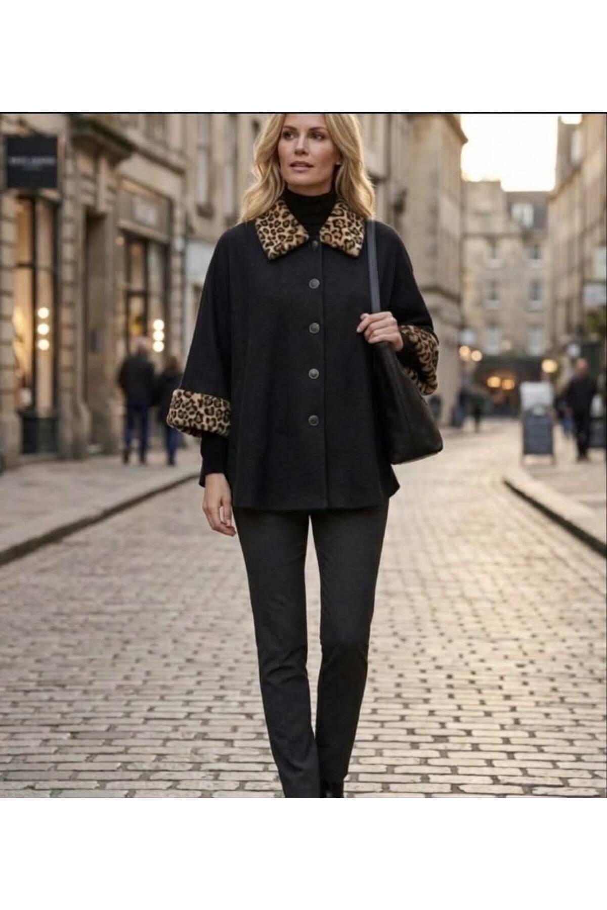 پانچو با جزئیات پوست پلنگ زمستانی زنانه سایز بزرگ 4
