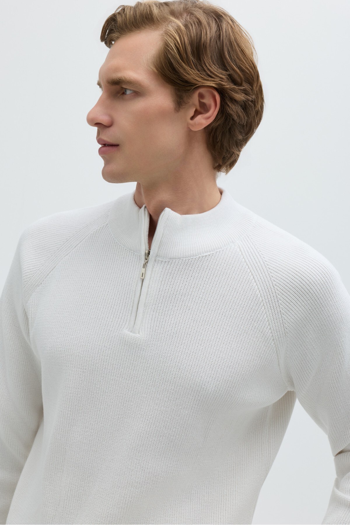 Ekru Slim Fit Fermuarlı Yarım Balıkçı Yaka Triko Kazak — کرم SW2200099 — تصویر 4 از 7