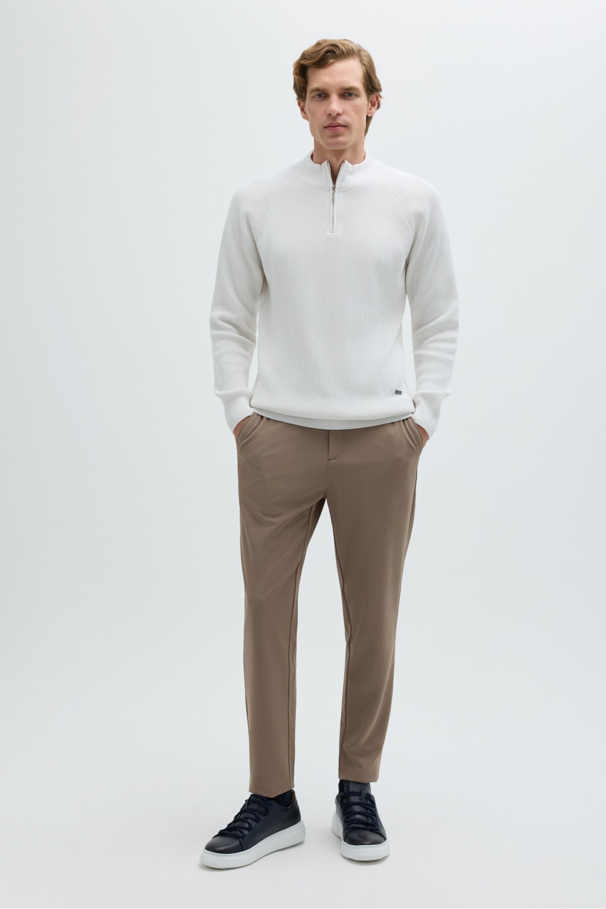 Ekru Slim Fit Fermuarlı Yarım Balıkçı Yaka Triko Kazak — کرم SW2200099 — تصویر 6 از 7