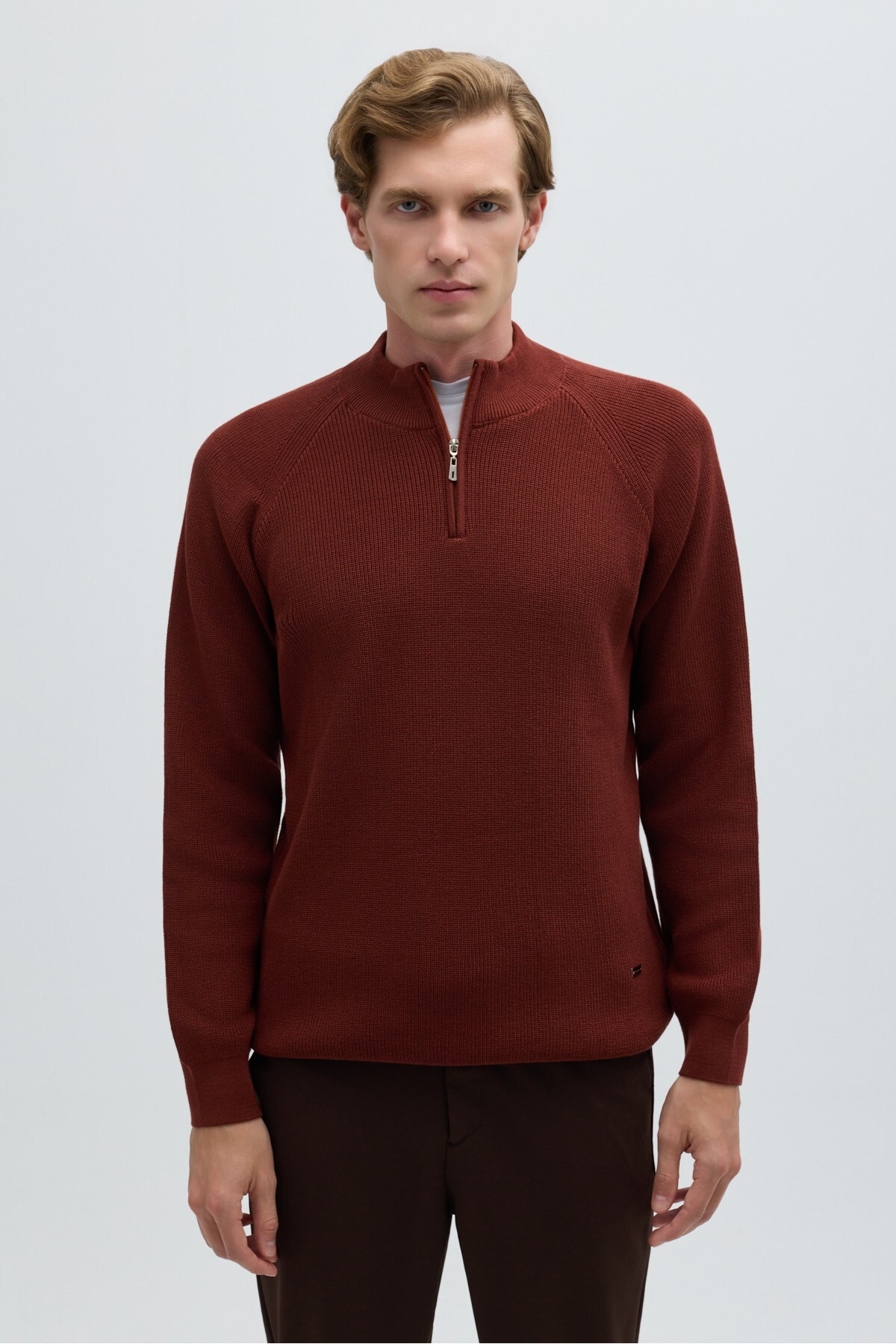 Sabri Özel Kiremit Slim Fit Fermuarlı Yarım Balıkçı Yaka Triko Kazak — قرمز SW2200099