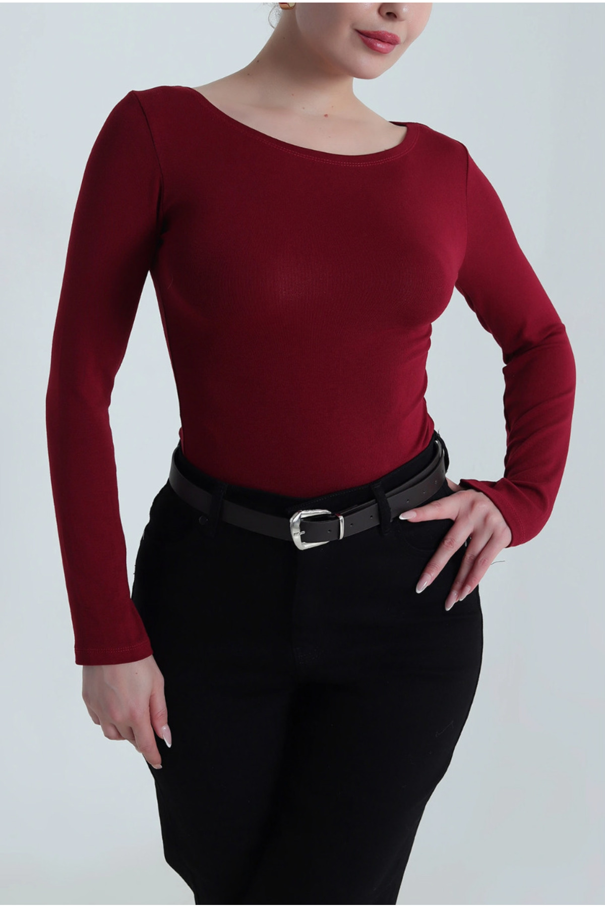 Bordo Geniş Yaka Kadın Body Bluz 2