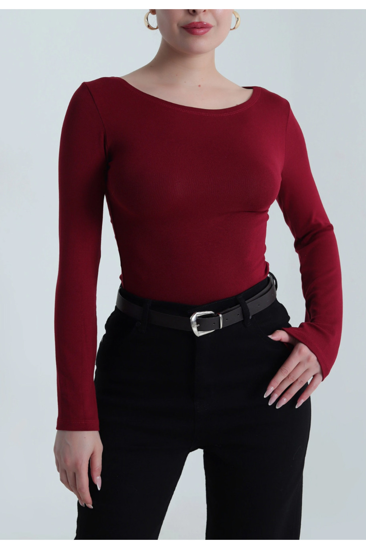Bordo Geniş Yaka Kadın Body Bluz 4