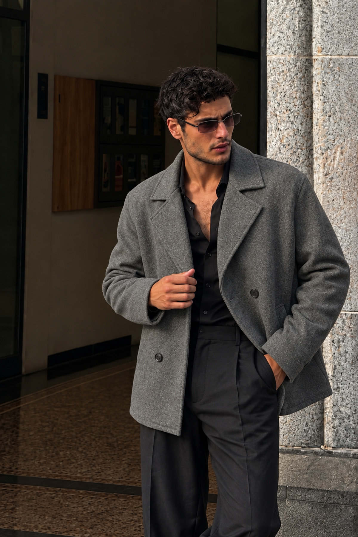Erkek Oversize Kruvaze Kaşe Kaban — خاکستری 155 — تصویر 5 از 6