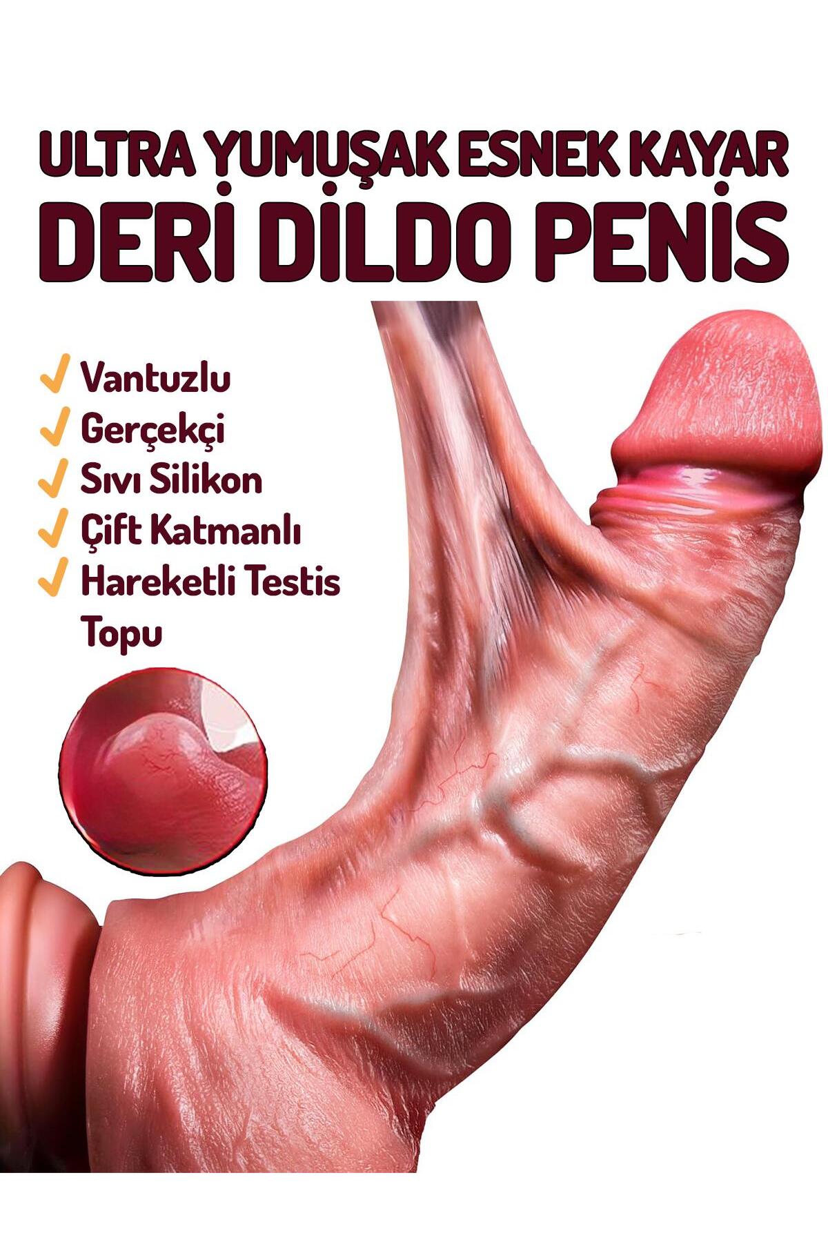 Esnek Kayar Deri Hareketli Testis Topu 22 Cm Çift Katmanlı Eğilip Bükülebilir Vantuzlu Penis Dildo